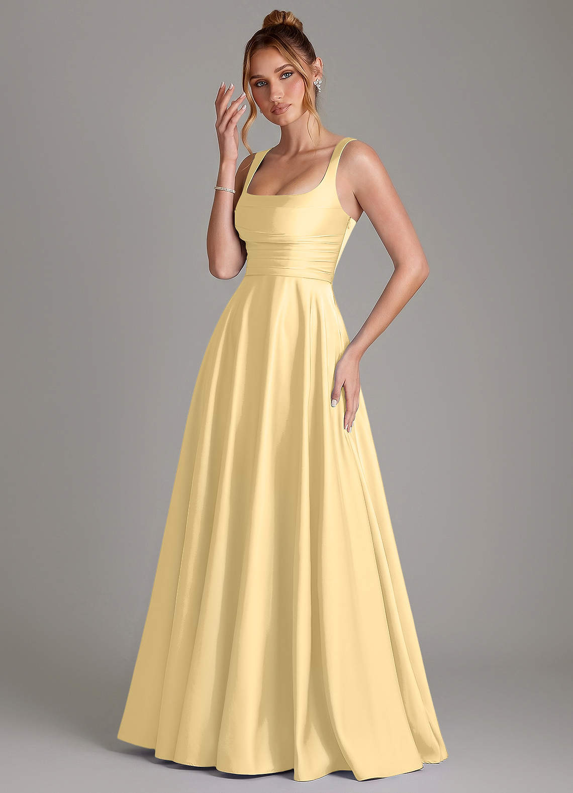 Azaria A-Line Square-Neck Stretch Satin Bridesmaid Dress in Butter