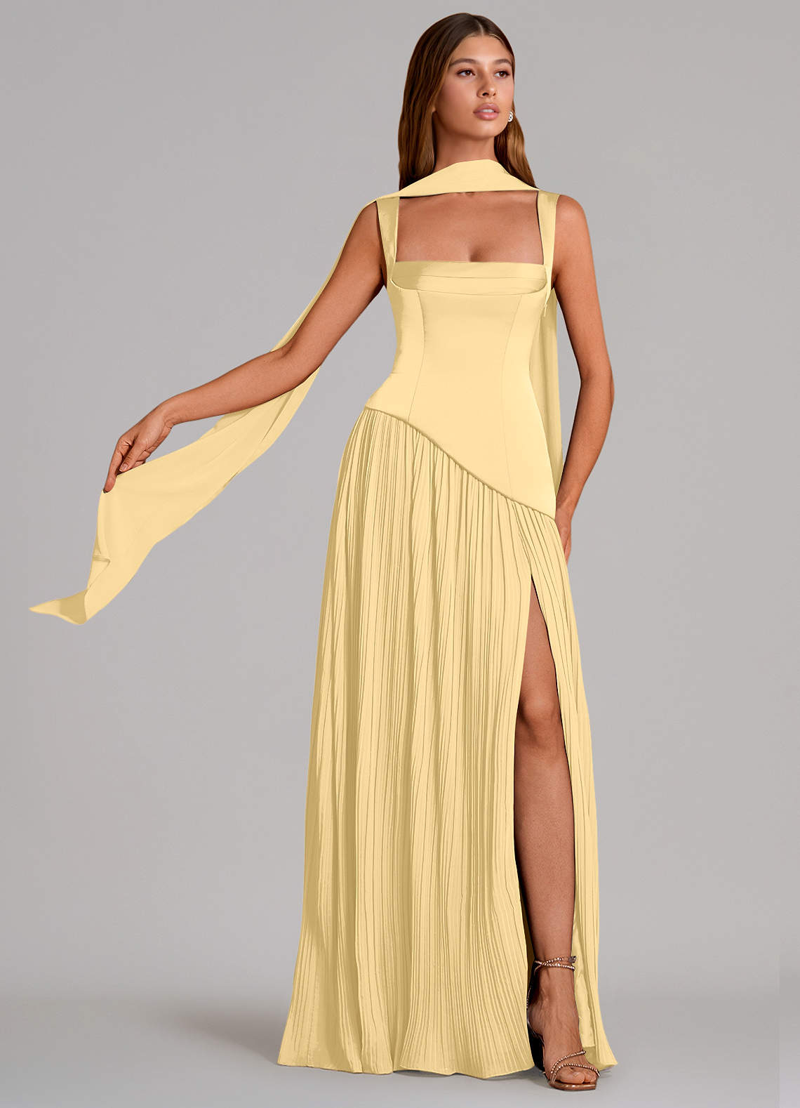 Stephanie A-Line Square-Neck Stretch Satin and Chiffon Bridesmaid Dress in Butter