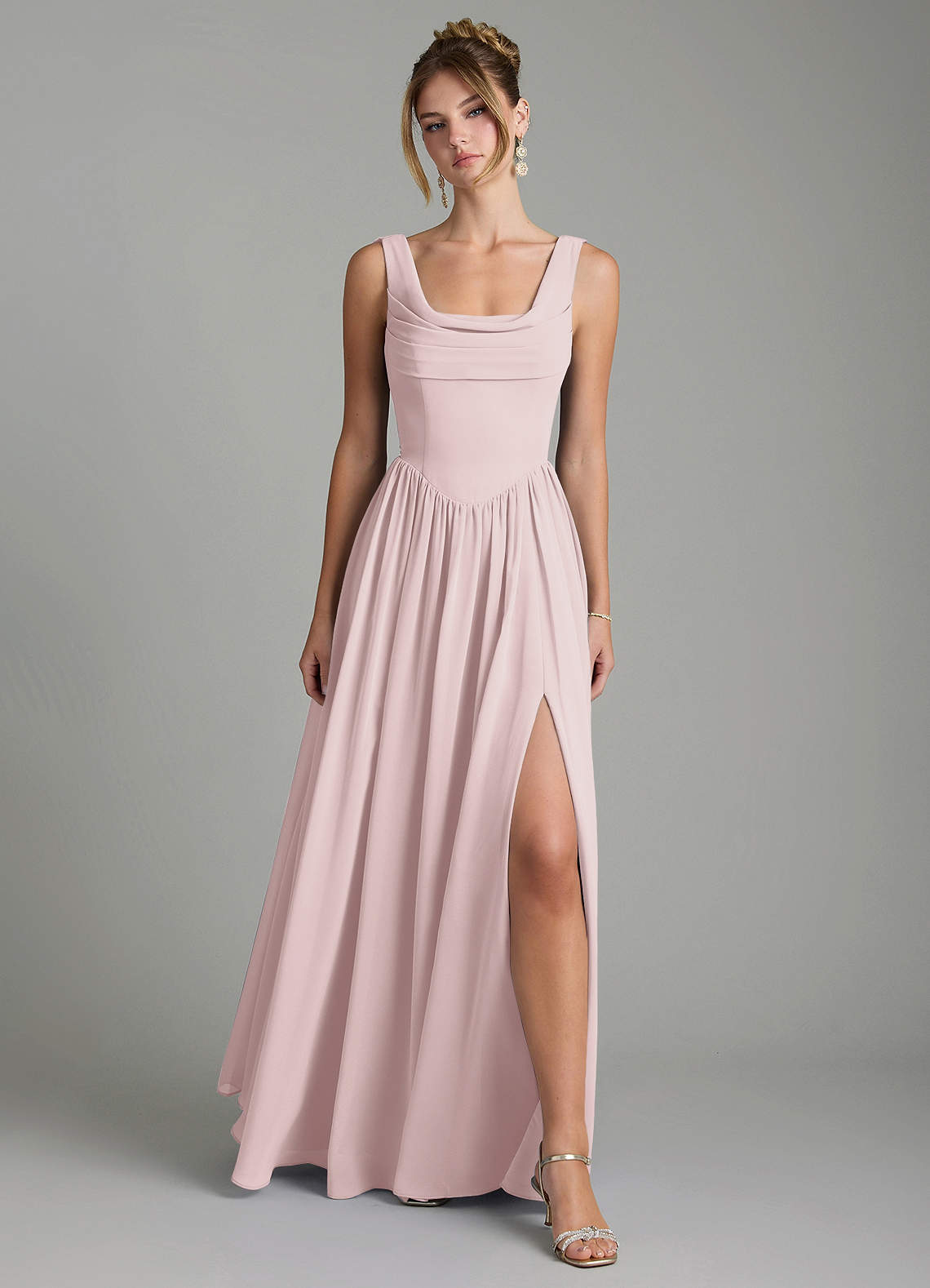 Novi A-Line Square-Neck Chiffon Bridesmaid Dress in Blushing Pink