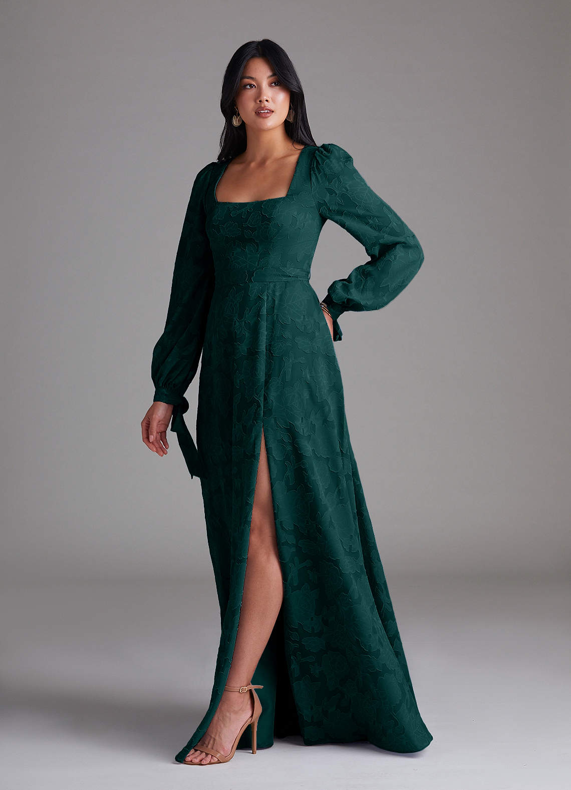 Leonia A-Line Square-Neck Stretch Satin Bridesmaid Dress in Pine