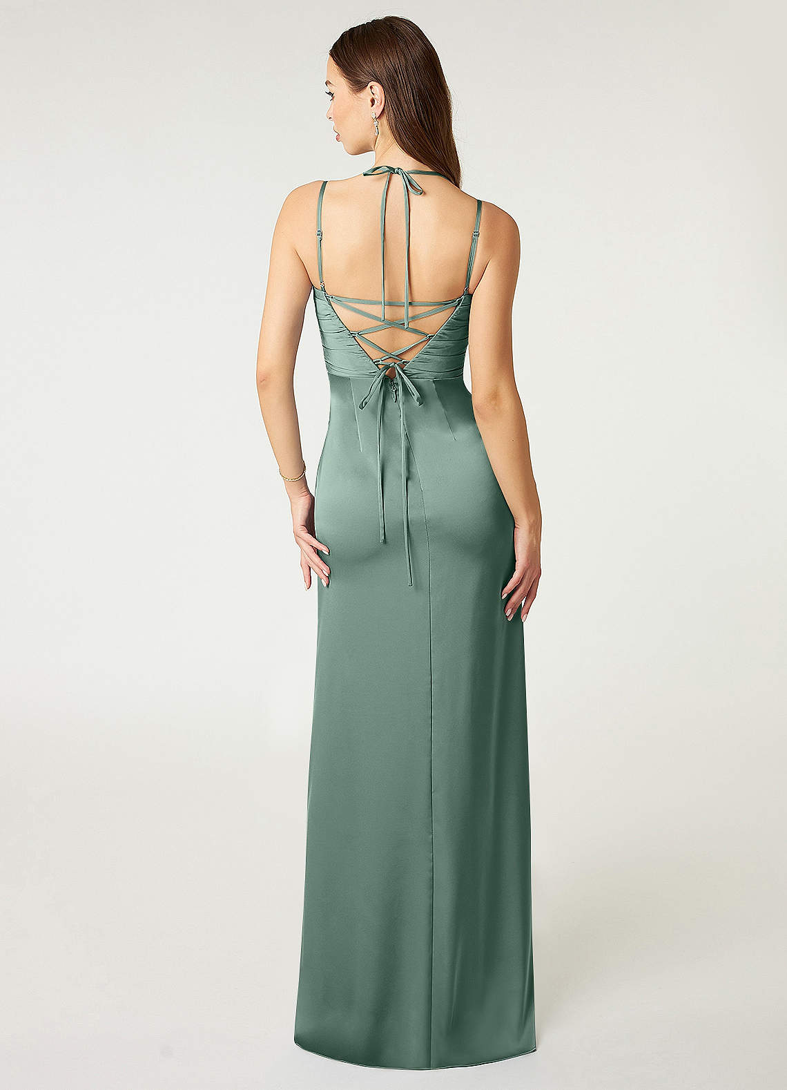 Desi Sheath Halter Stretch Satin Bridesmaid Dress in Eucalyptus