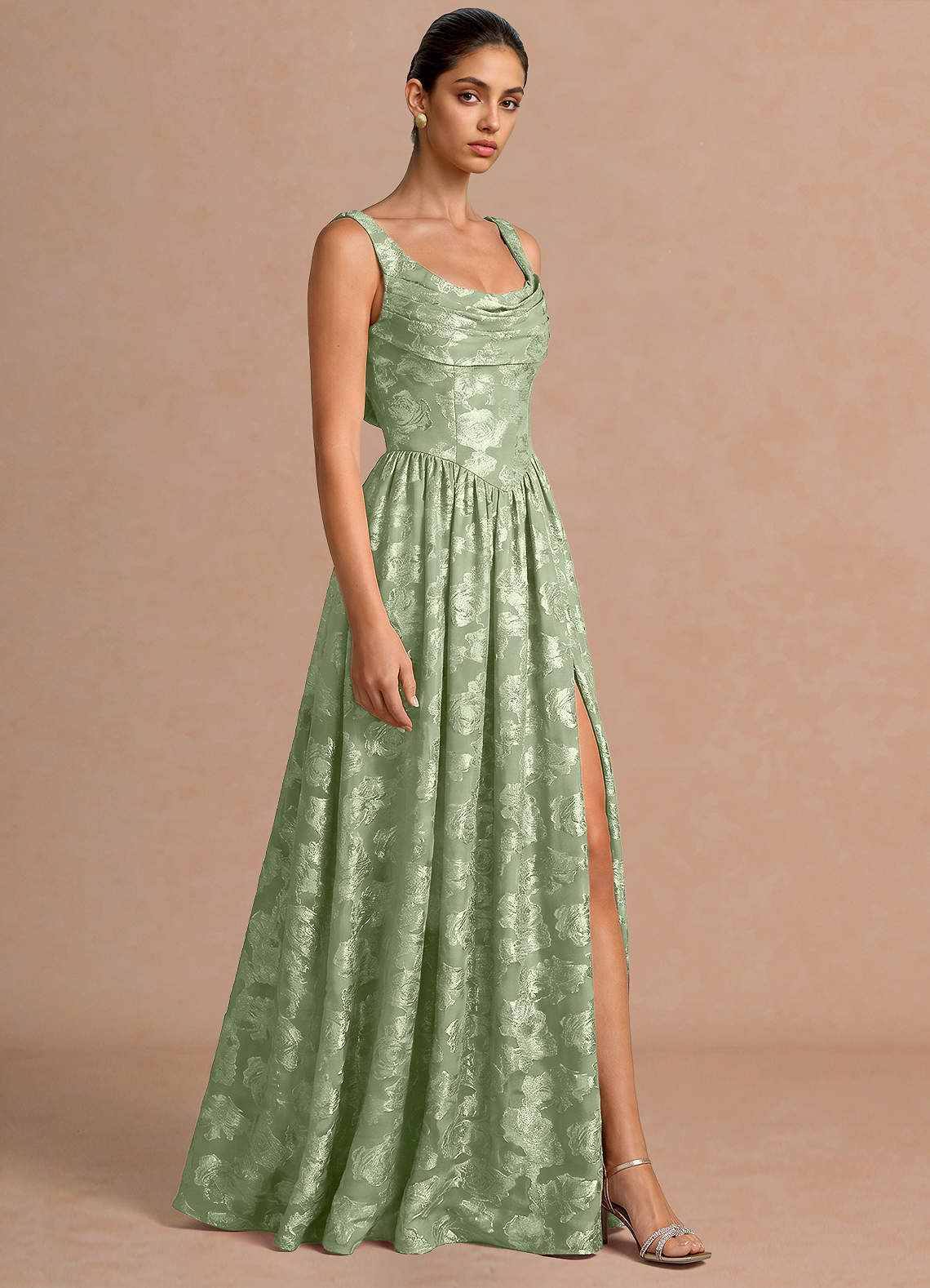 Novi A-Line Draped-Neck Floral Fil Coupé Evening Dress in Light Green