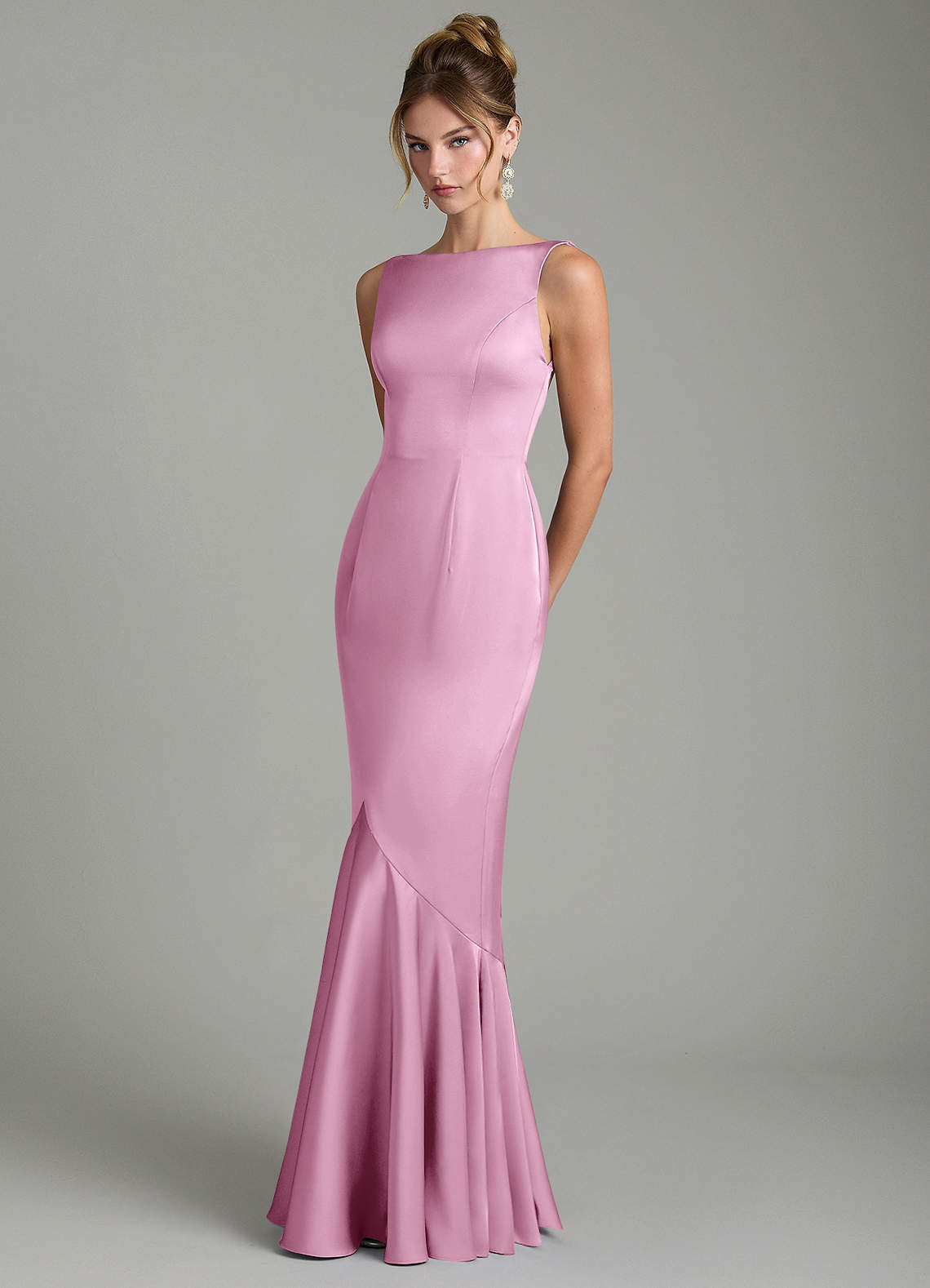 Tamera Mermaid Boat-Neck Stretch Satin and Chiffon Bridesmaid Dress in candy pink