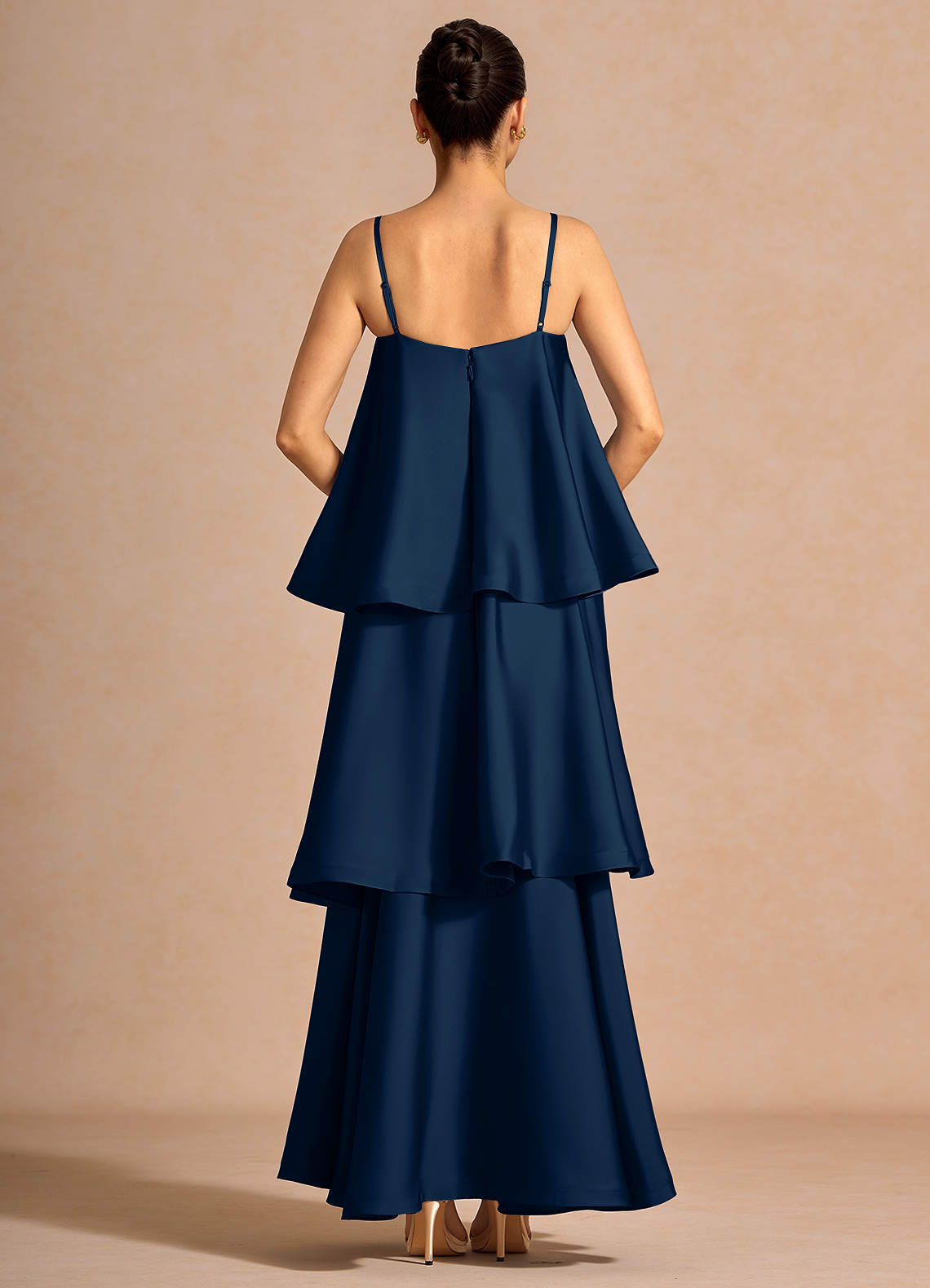 Itasca A-Line Tiered Stretch Satin Wedding Guest Dress in Navy