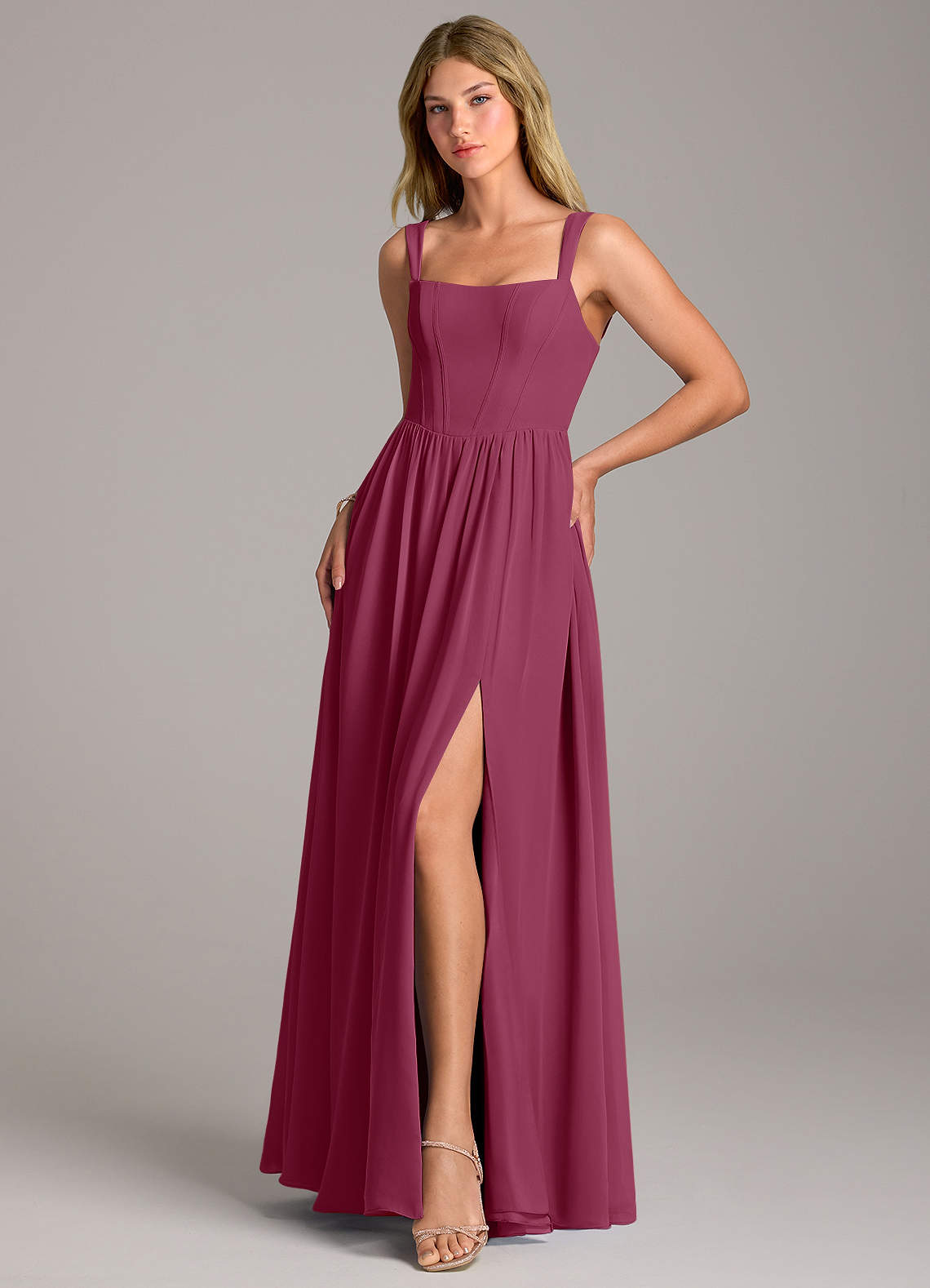 Rosaline A-Line Square-Neck Chiffon Bridesmaid Dress in Mulberry