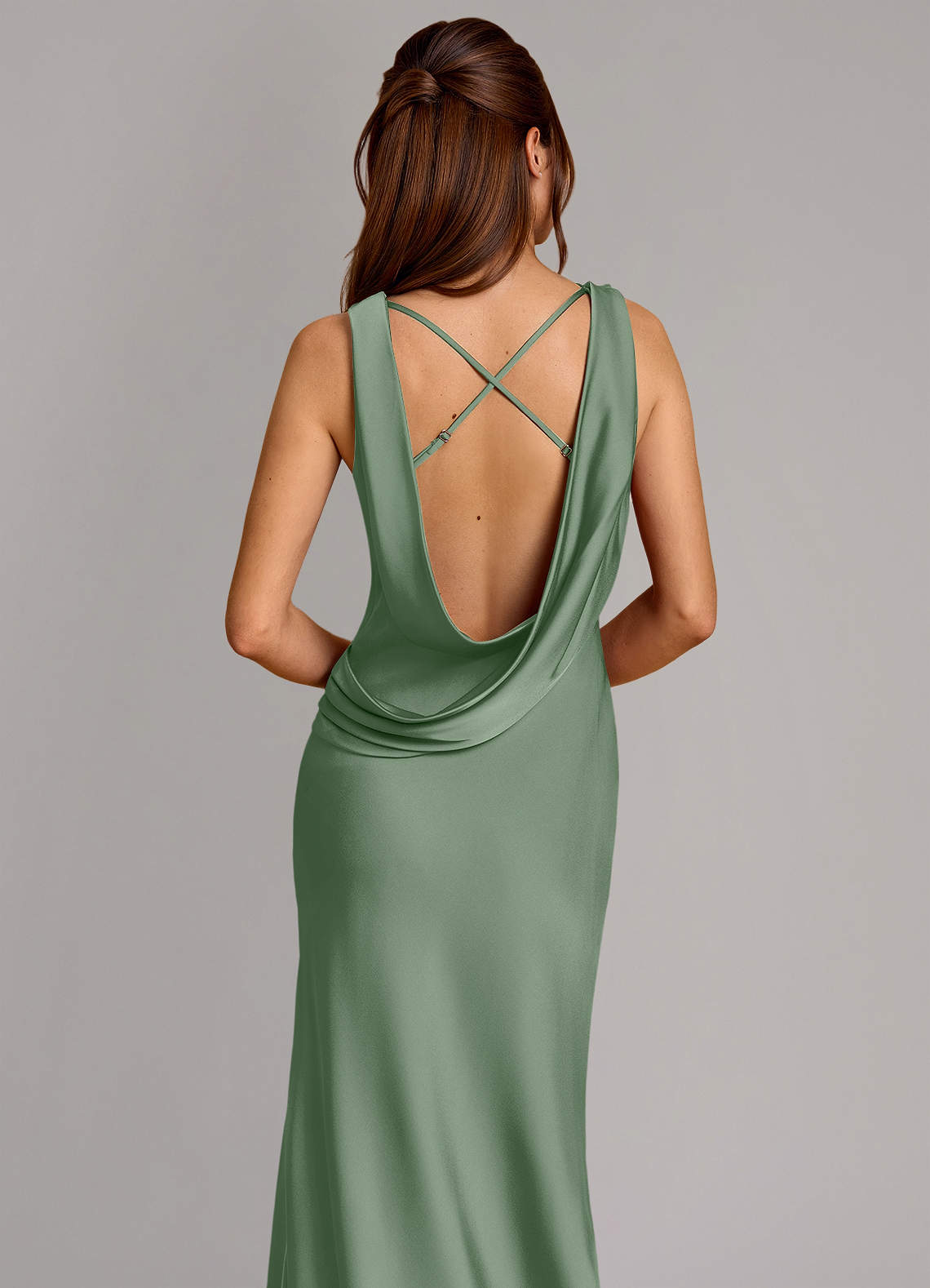 Cheryl Mermaid Cowl-Neck Stretch Satin Bridesmaid Dress in Matcha