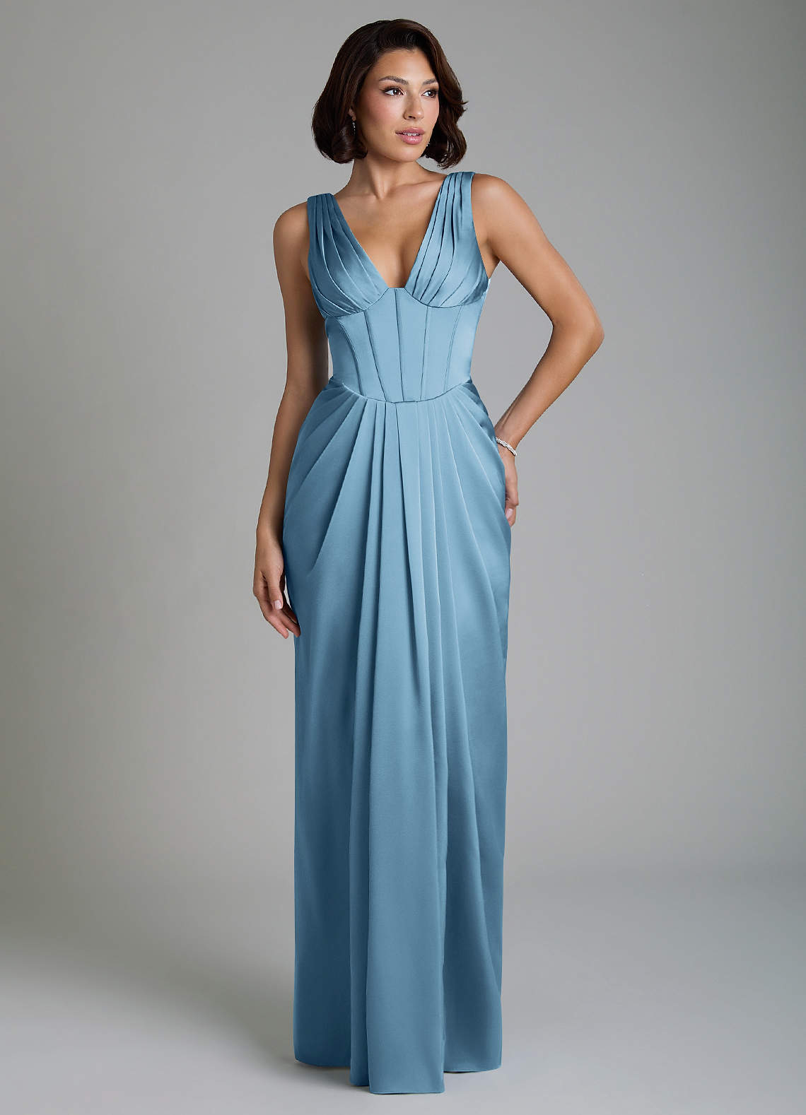Vanya Sheath V-Neck Stretch Satin Bridesmaid Dress in Steel Blue