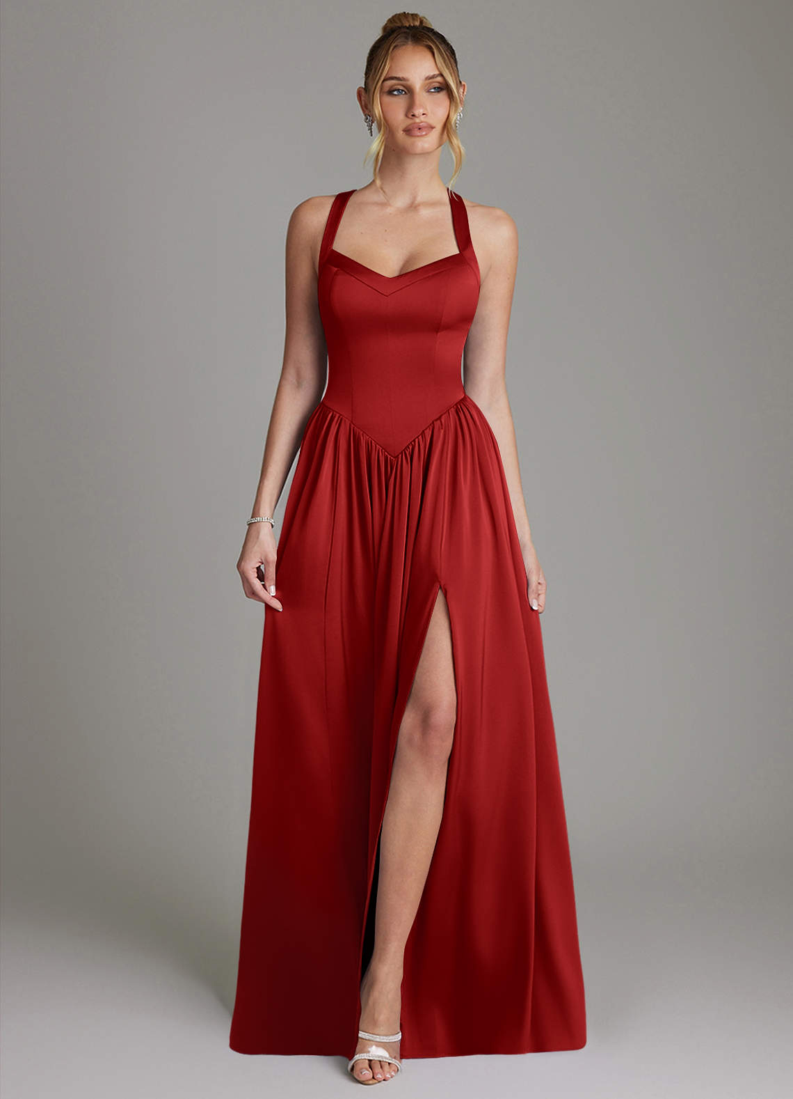 Francis A-Line V-Neck Stretch Satin Bridesmaid Dress in Pomegranate