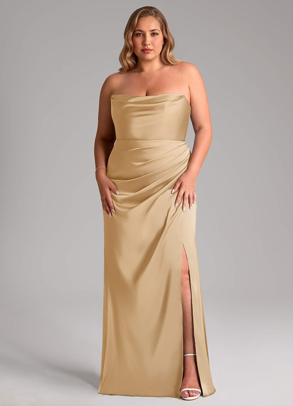 Leonis Mermaid Cowl-Neck Stretch Satin Bridesmaid Dress in Gold