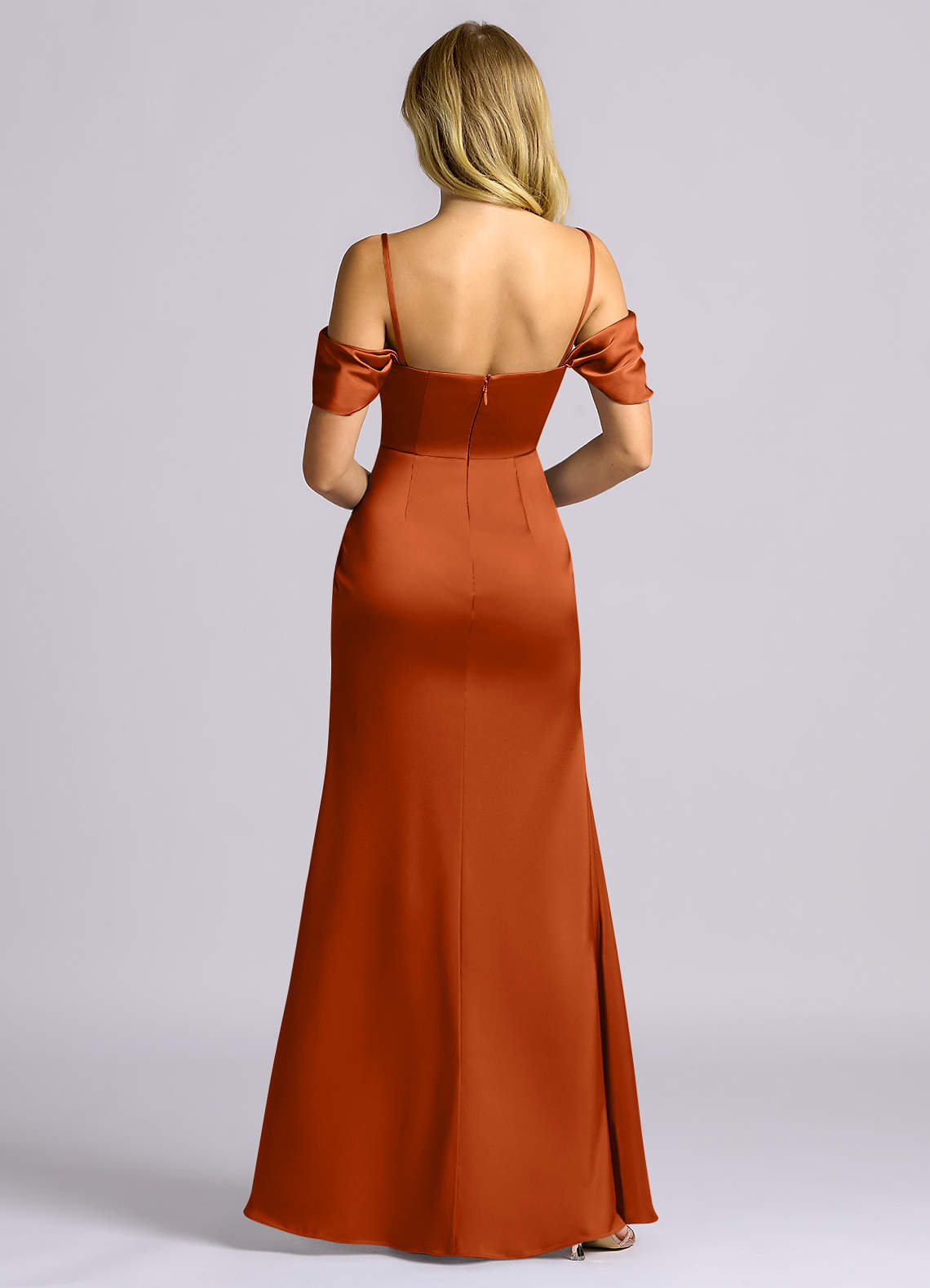 Auden Sheath Off-the-Shoulder Stretch Satin Bridesmaid Dress in Burnt Orange