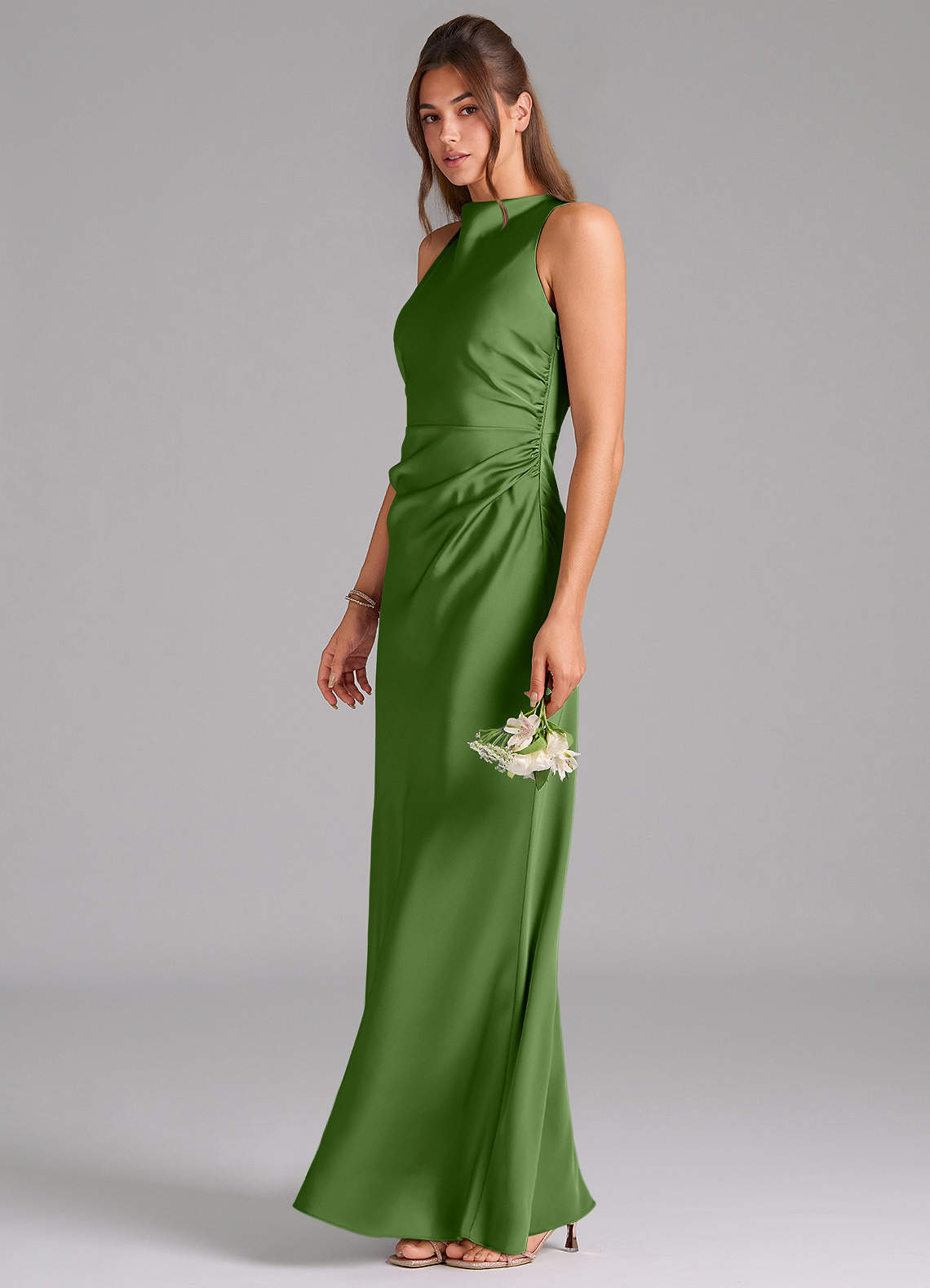 Evadne Sheath Scoop-Neck Stretch Satin Bridesmaid Dress in Basil