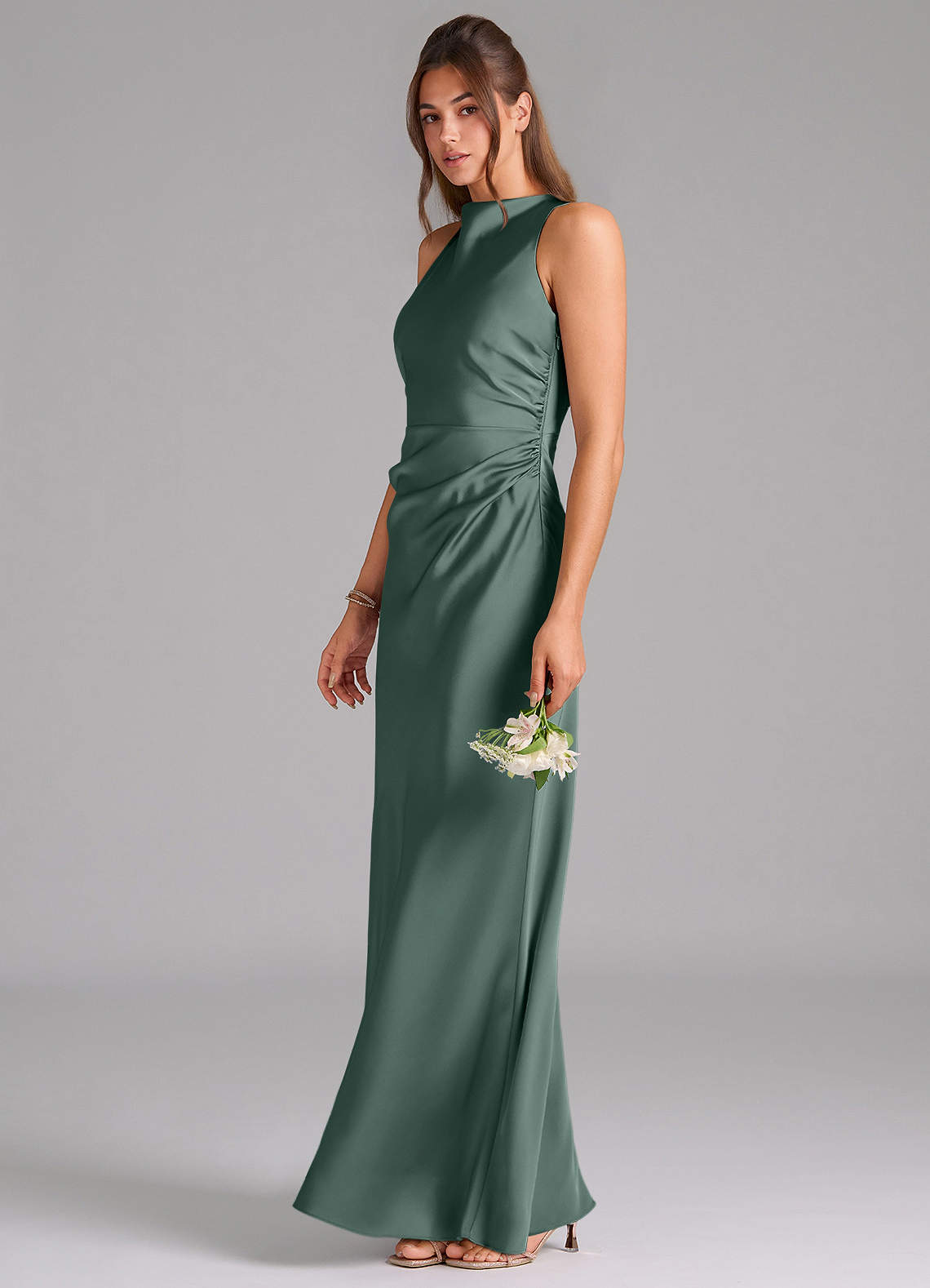 Evadne Sheath Scoop-Neck Stretch Satin Bridesmaid Dress in Sea Moss