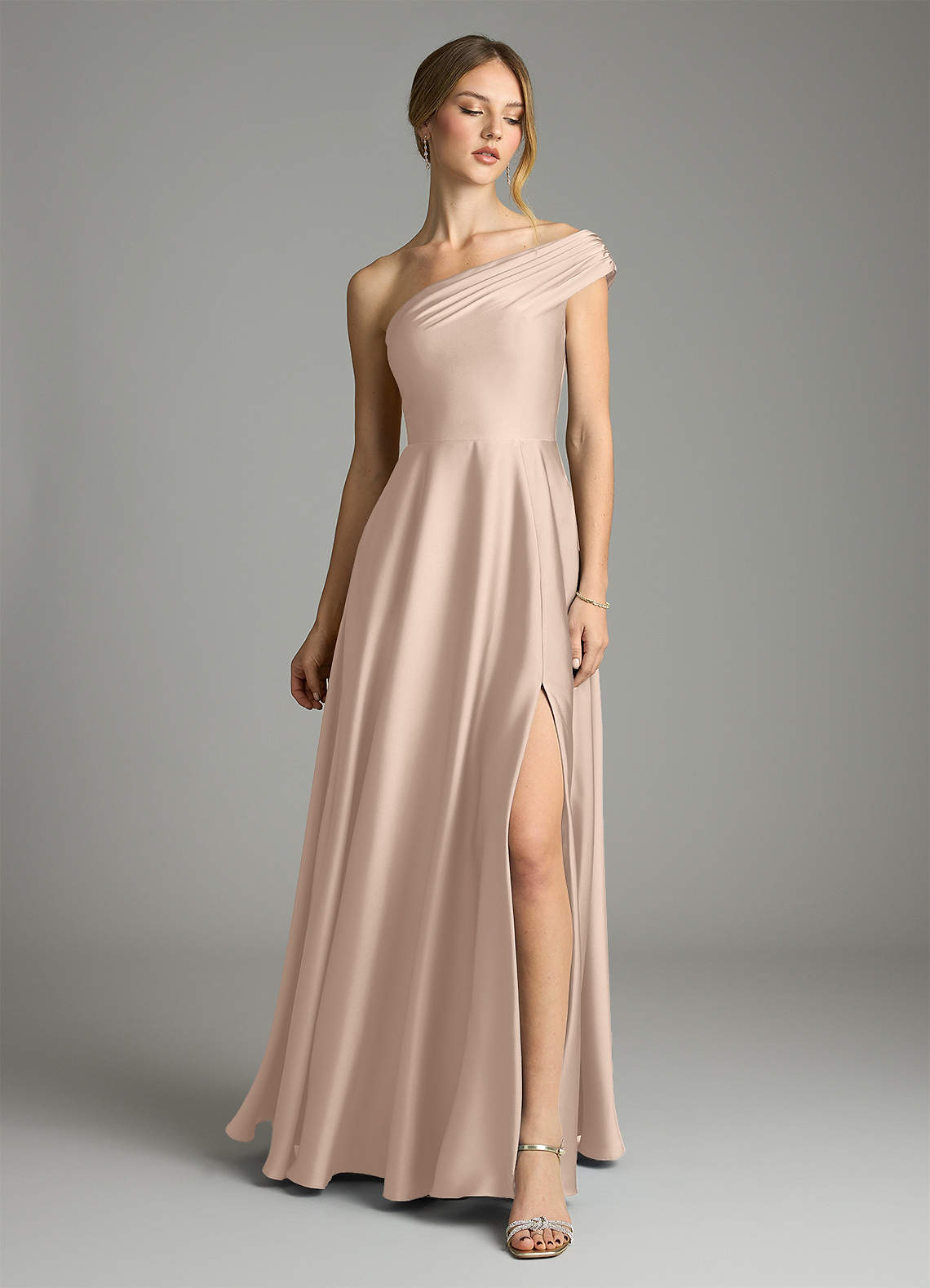 Melanie A-Line One-Shoulder Stretch Satin Bridesmaid Dress in English Rose