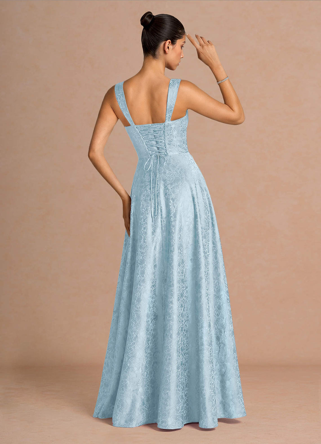 Elowena A-Line Square-Neck Satin Jacquard Evening Dress in Sky Blue