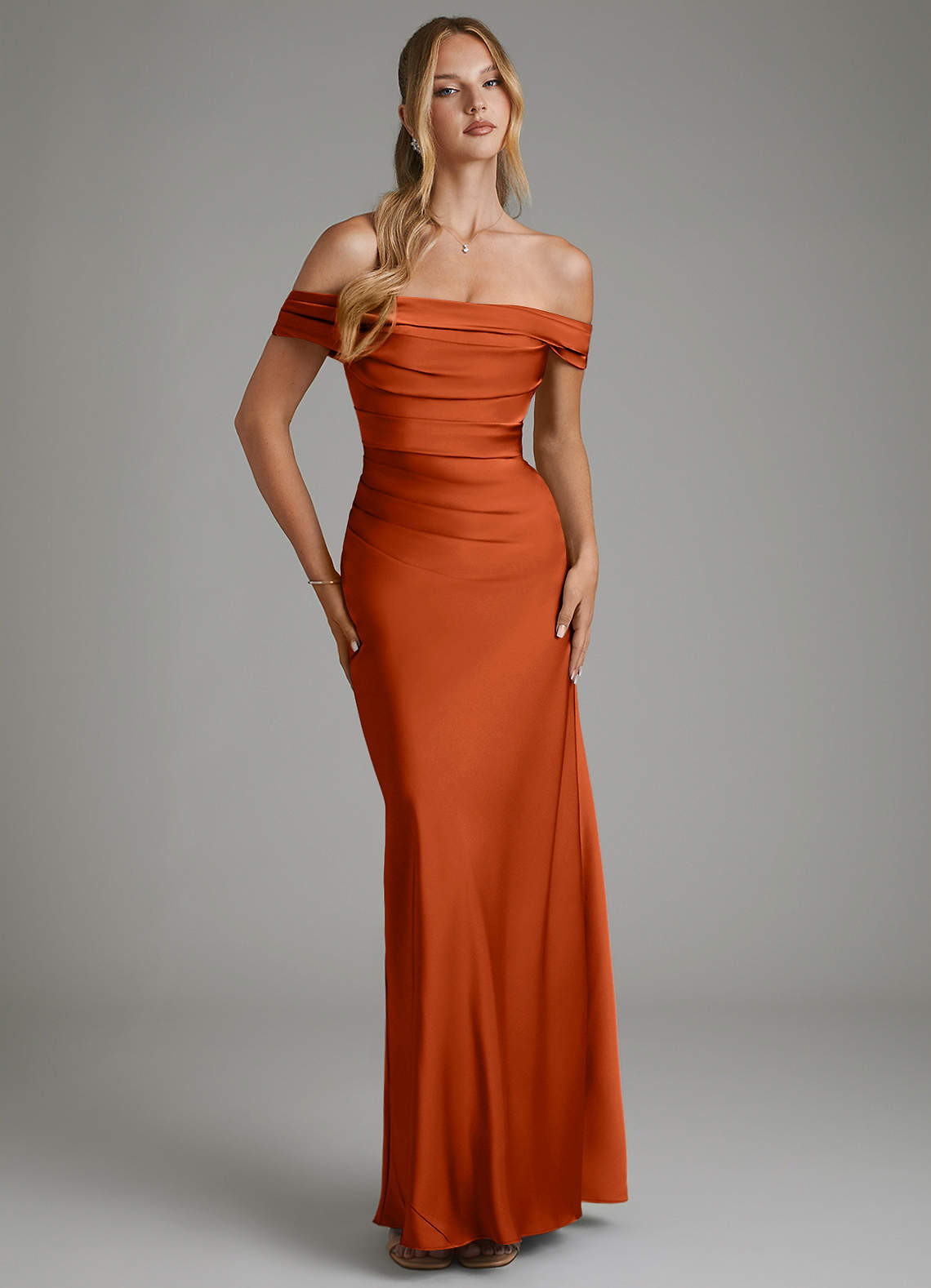 Hayden Mermaid Off-the-Shoulder Stretch Satin Bridesmaid Dress in Paprika