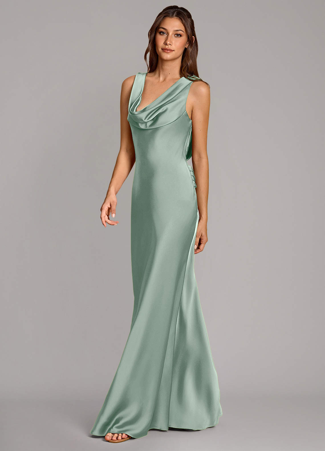 Cheryl Mermaid Cowl-Neck Stretch Satin Bridesmaid Dress in Agave