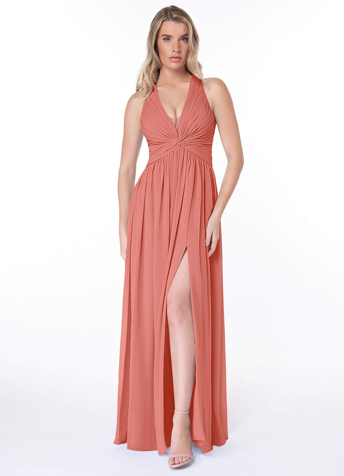 Jaclyn A-Line Halter Chiffon Bridesmaid Dress in Salmon Pink