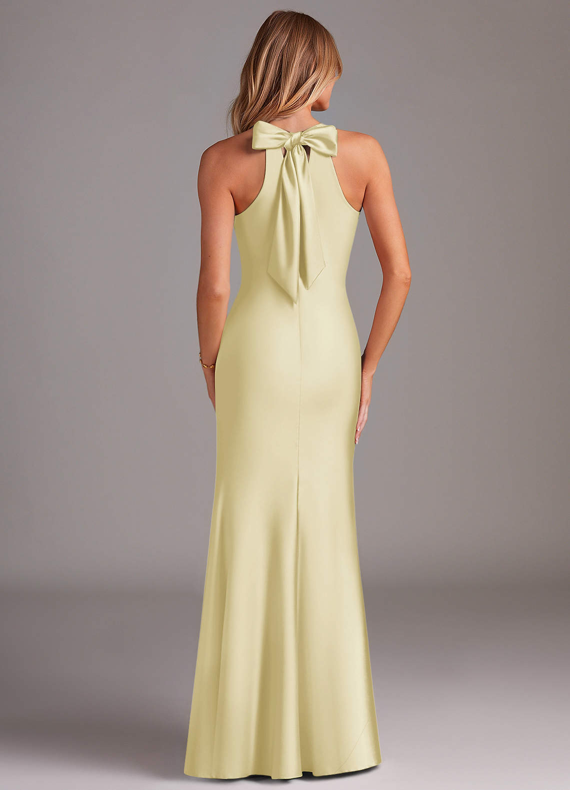 Doretta Mermaid Halter Stretch Satin Bridesmaid Dress in Lemon Sorbet