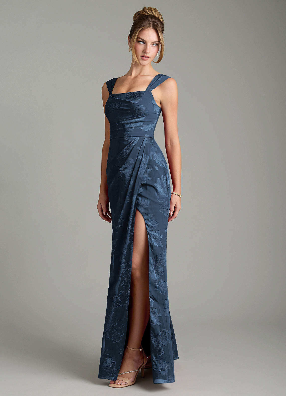 Kaelis Mermaid Scoop-Neck Jacquard Bridesmaid Dress in Dark Navy