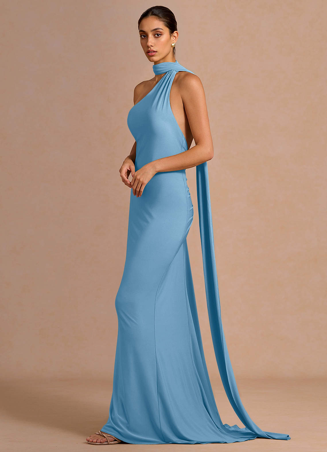 Miliani Sheath Neck-Tie Stretch Knit Evening Dress in Steel Blue