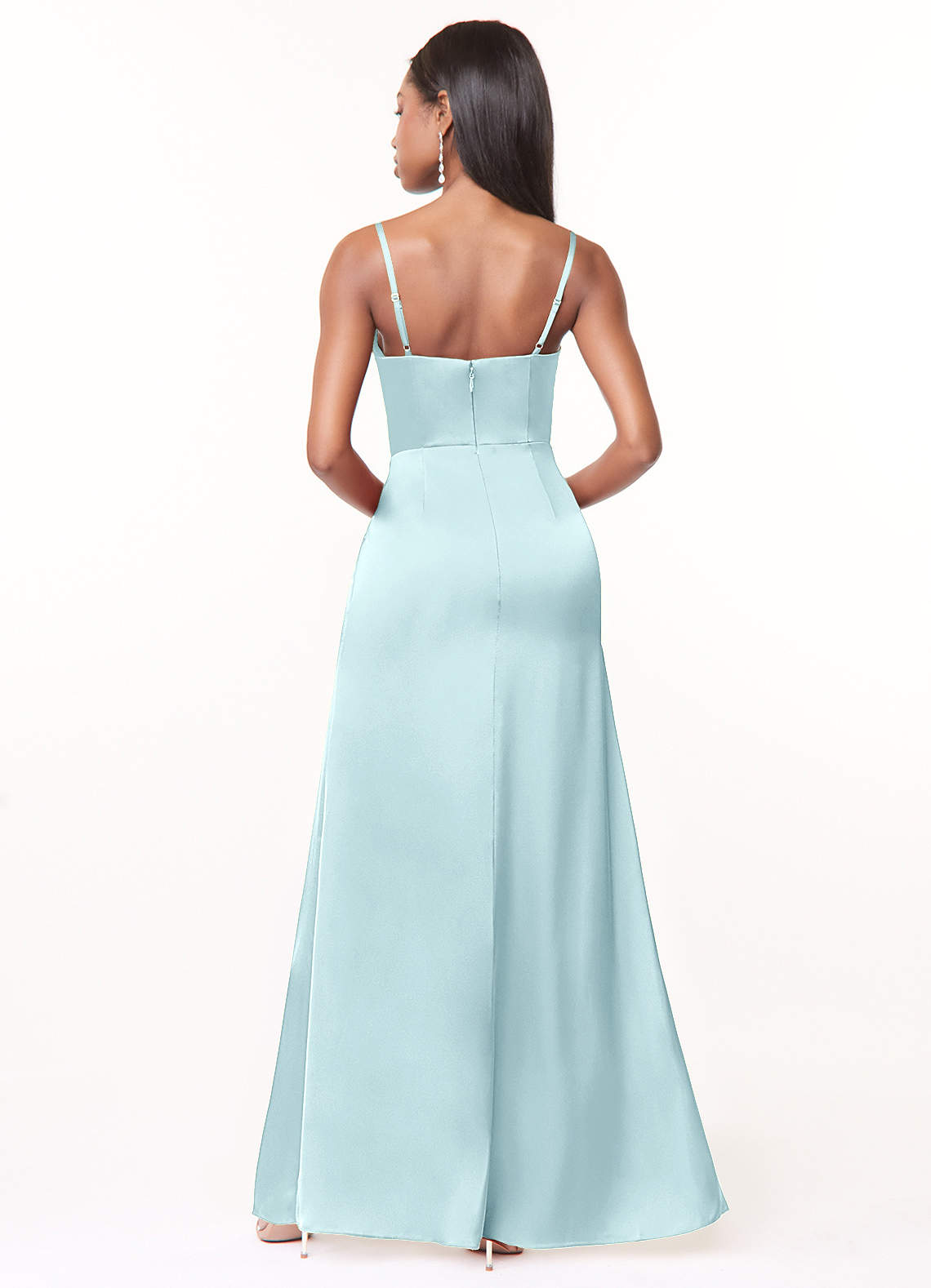 Maci A-Line V-Neck Stretch Satin Bridesmaid Dress in Cloud Blue