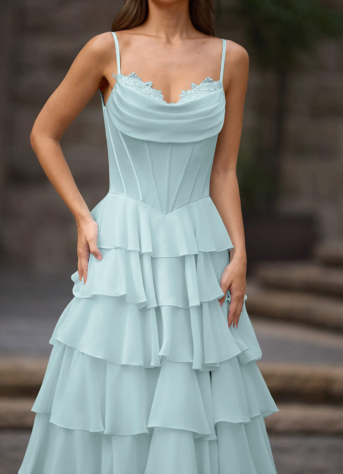 Floralace A-Line Ruffle Chiffon Evening Dress in Mist