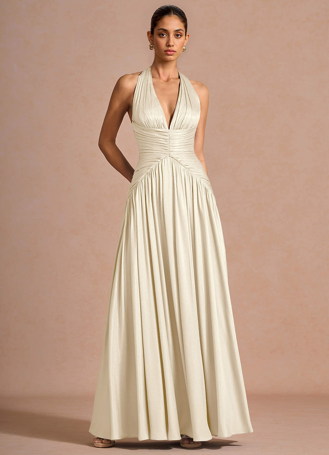Hecate A-Line Halter Satin-Faced Chiffon Evening Dress in Cream