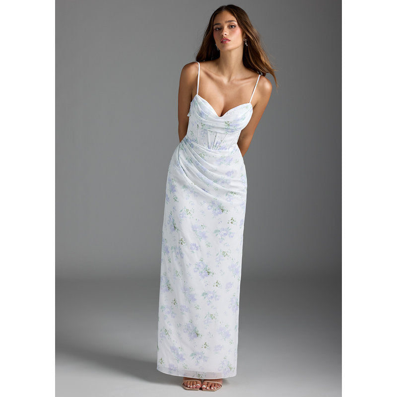 Mai Sheath Cowl-Neck Chiffon Bridesmaid Dress in Blue Vintage Floral - front view