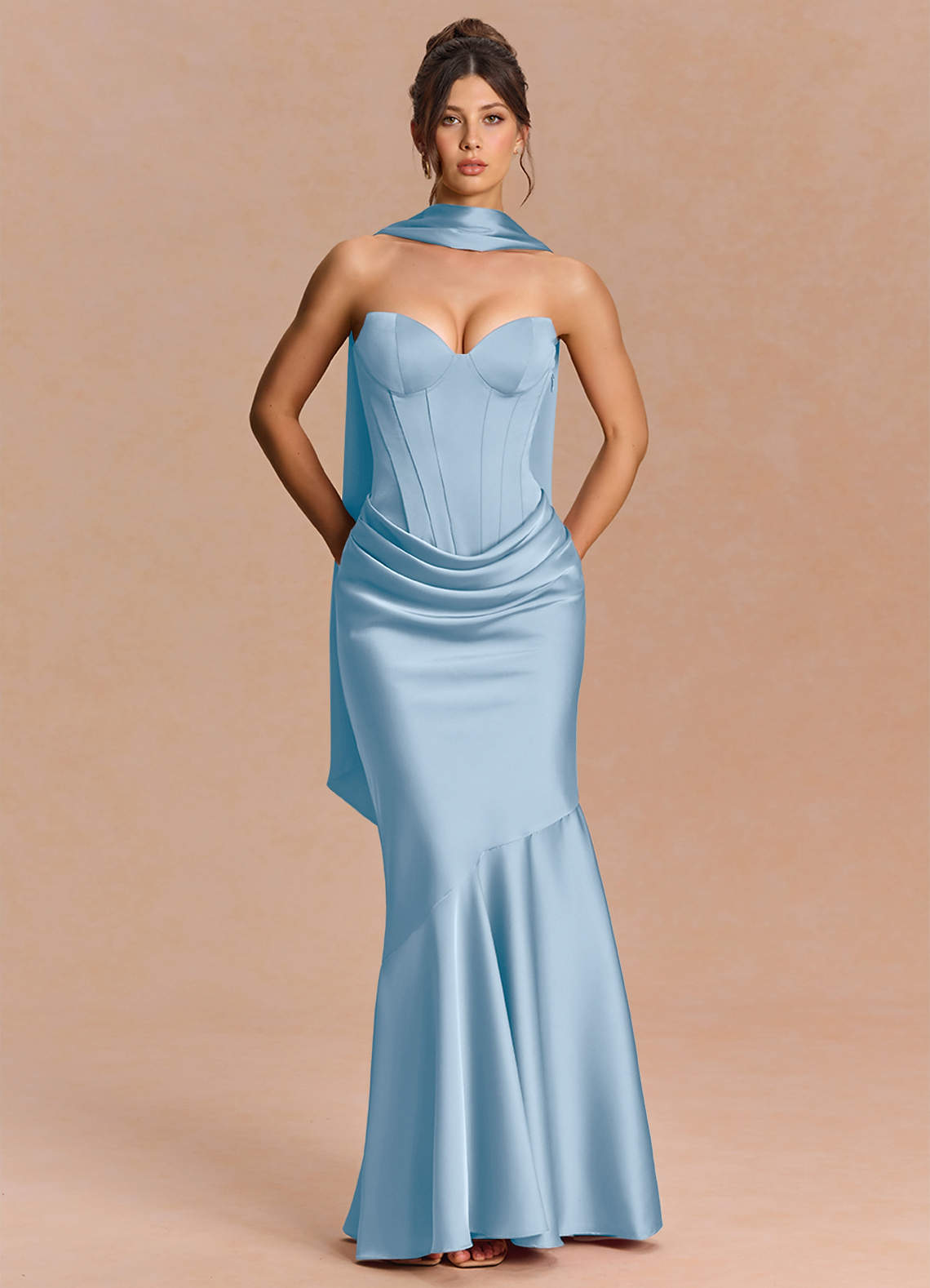 Euphemia Mermaid Strapless Stretch Satin Evening Dress in Haze blue