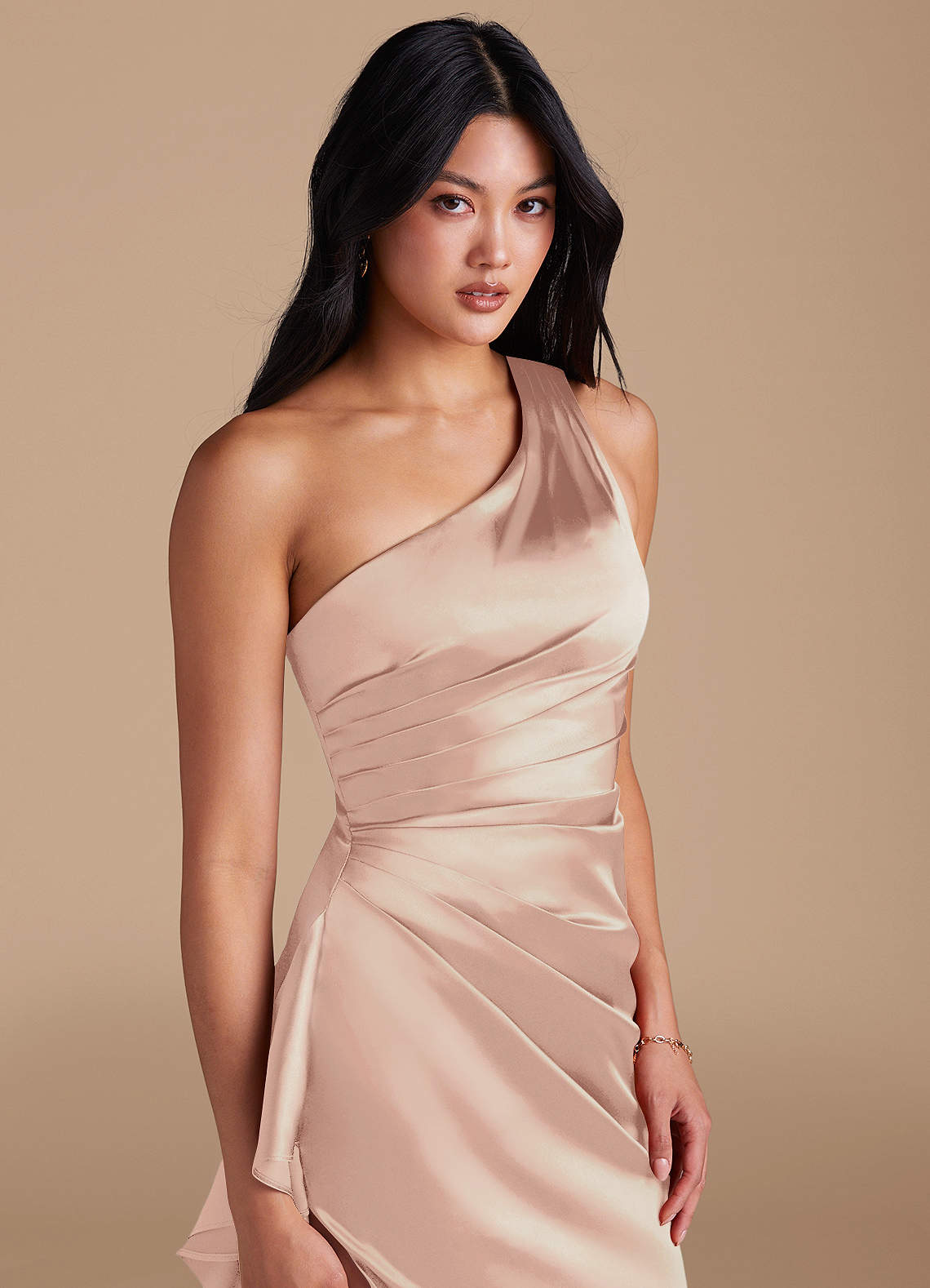 Latrice Sheath One-Shoulder Metallic Satin Bridesmaid Dress in English Rose
