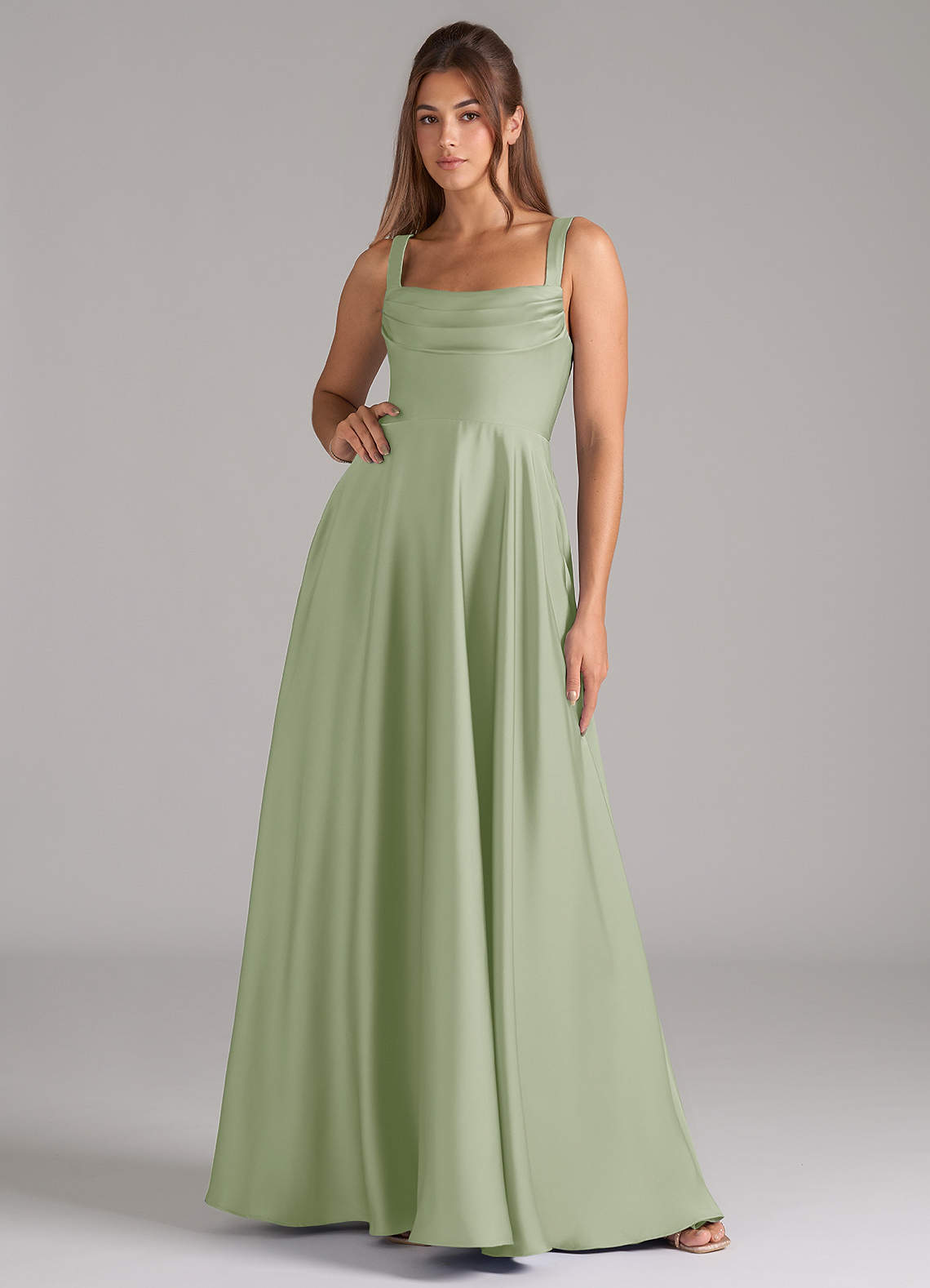 Shaude A-Line Square-Neck Stretch Satin Bridesmaid Dress in Dusty Sage