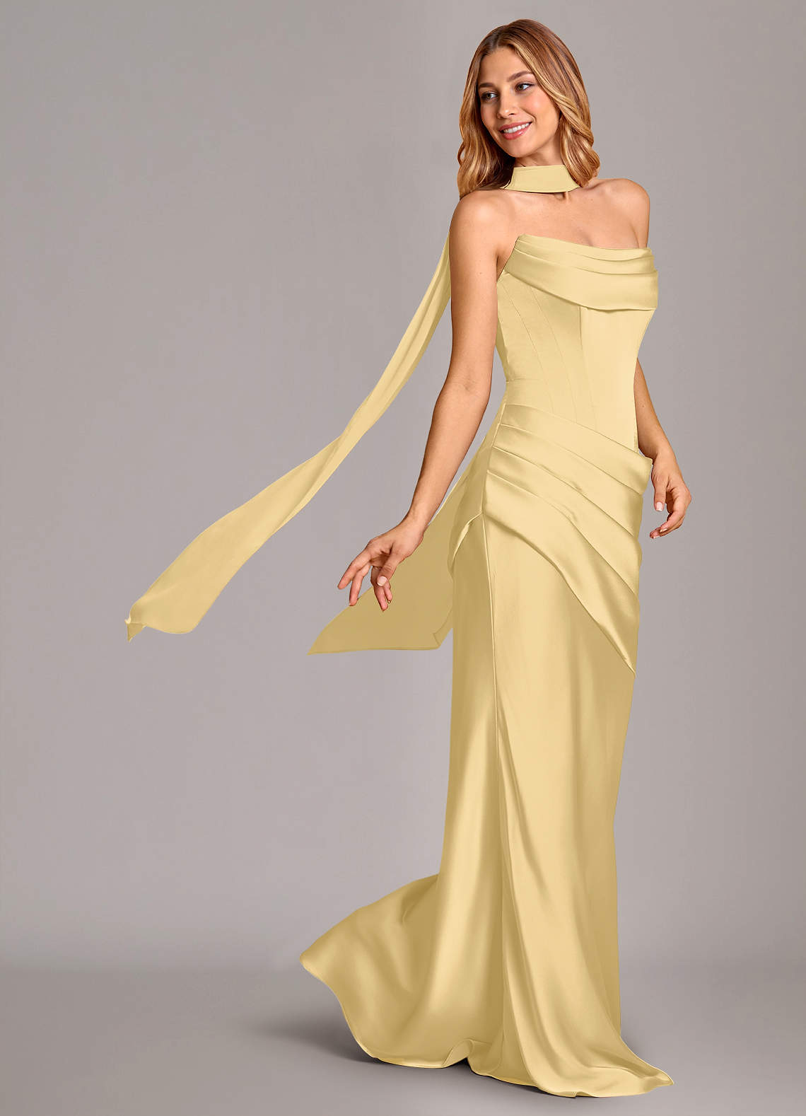Pelagia Mermaid Cowl-Neck Stretch Satin Bridesmaid Dress in Butter