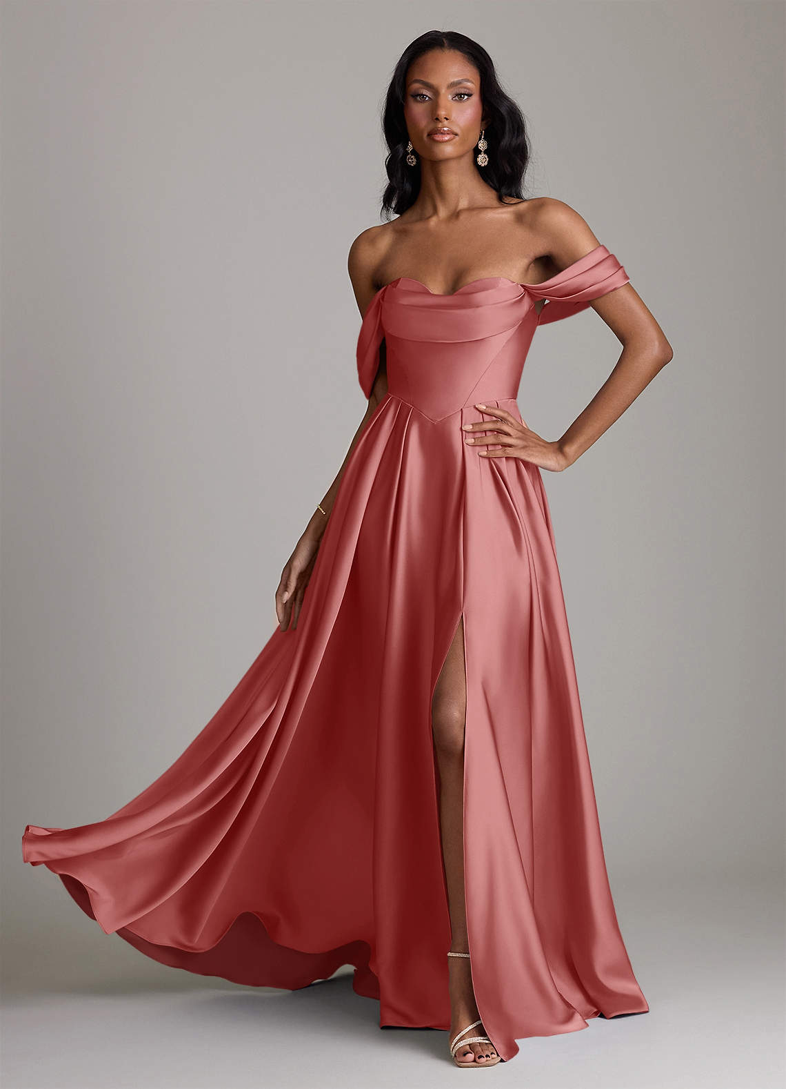 Loisa A-Line Off-the-Shoulder Stretch Satin Bridesmaid Dress in Antique Rose