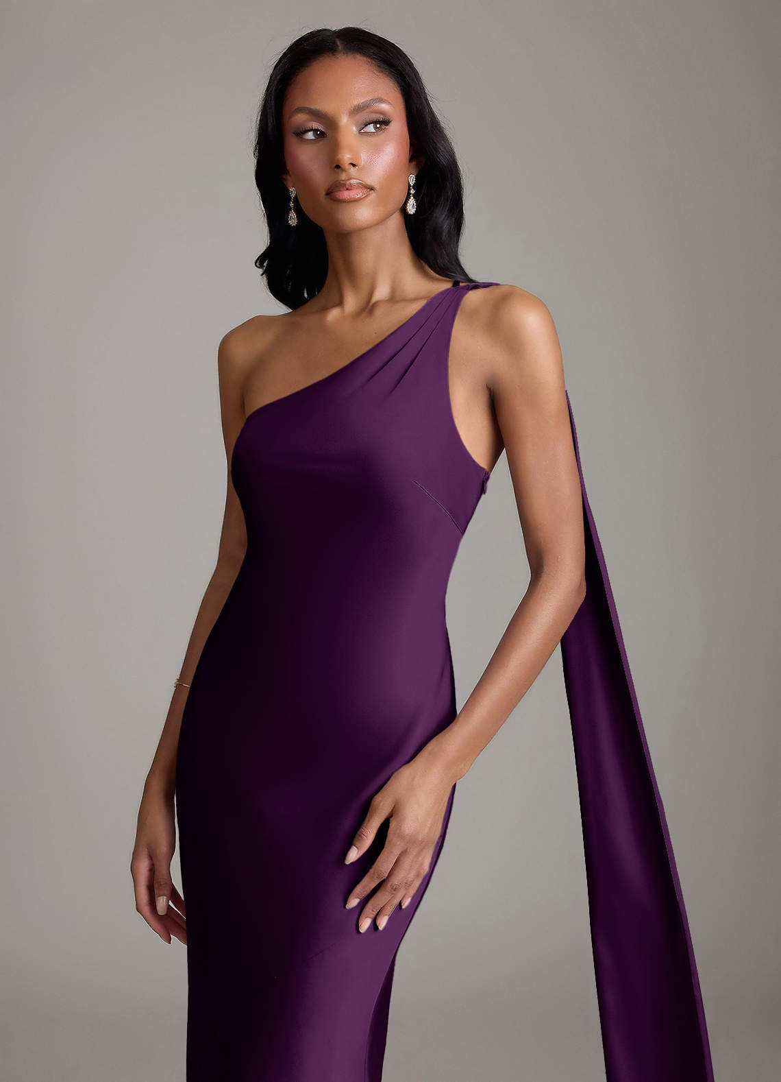 Juniper Mermaid One-Shoulder Stretch Satin Bridesmaid Dress in Grape