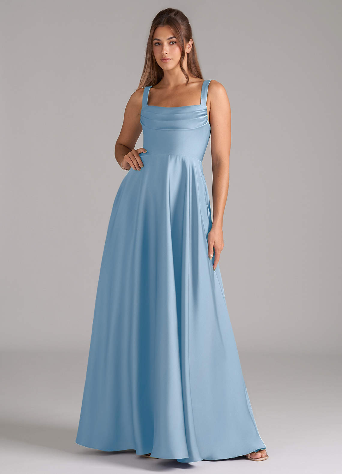 Shaude A-Line Square-Neck Stretch Satin Bridesmaid Dress in Powder Blue