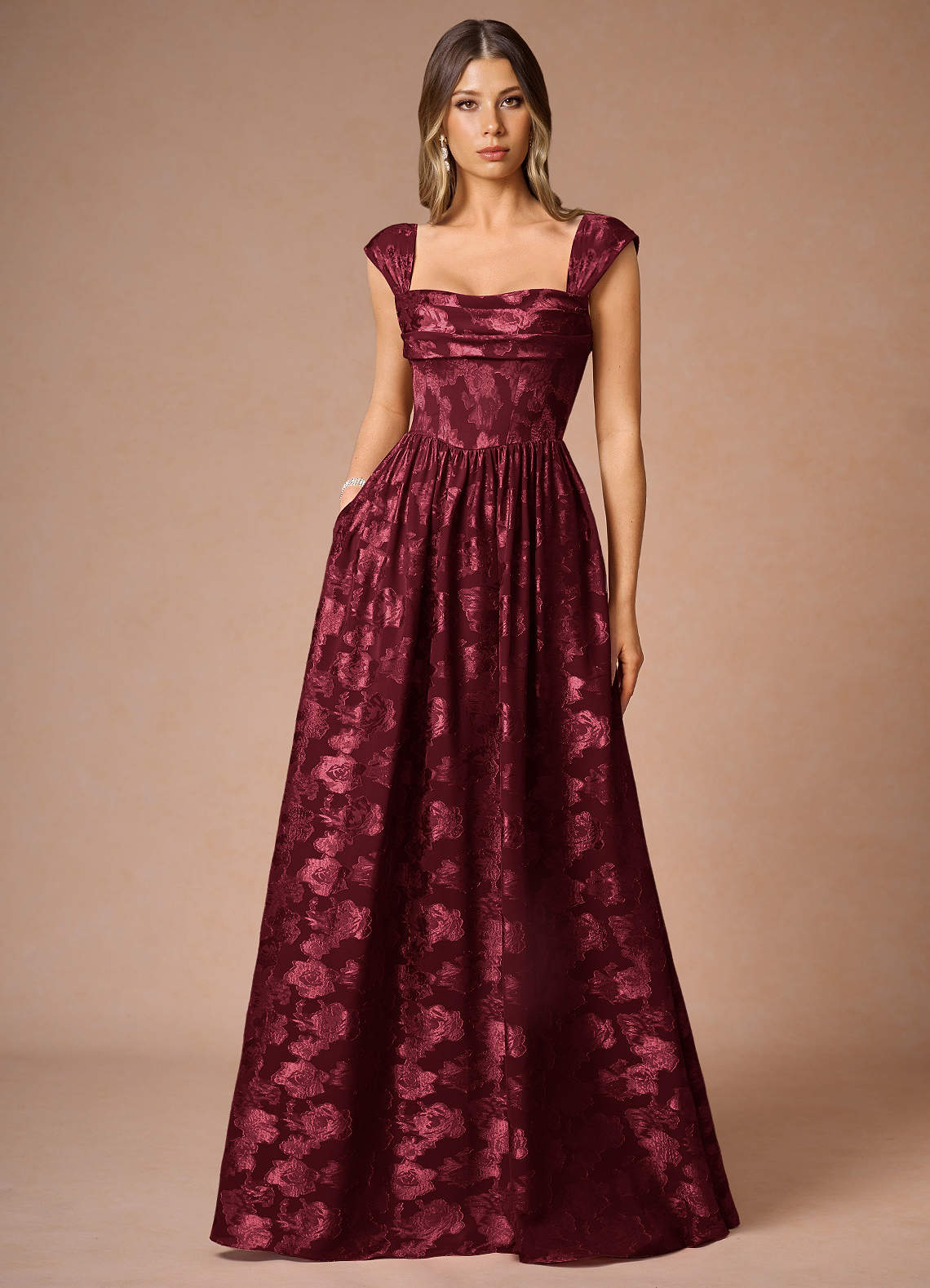 Hazel A-Line Cowl-Neck Fil Coupé Wedding Guest Dress in Wine
