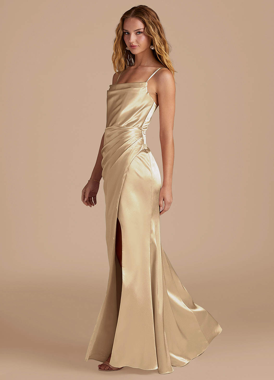 Marzia Mermaid Square-Neck Metallic Satin Bridesmaid Dress in Champagne
