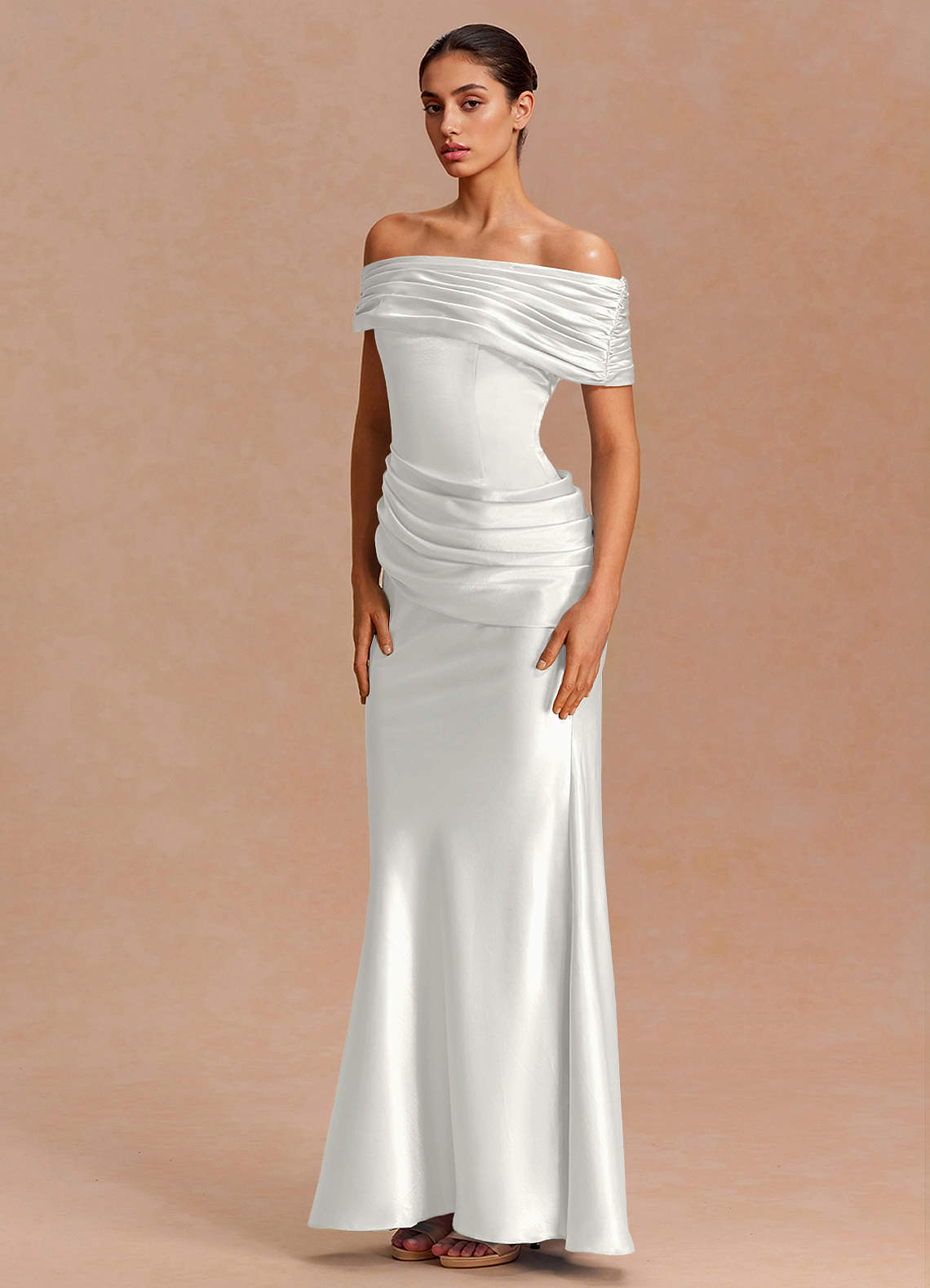 Leonie Strapless Draped-Shoulder Satin Evening Dress in White