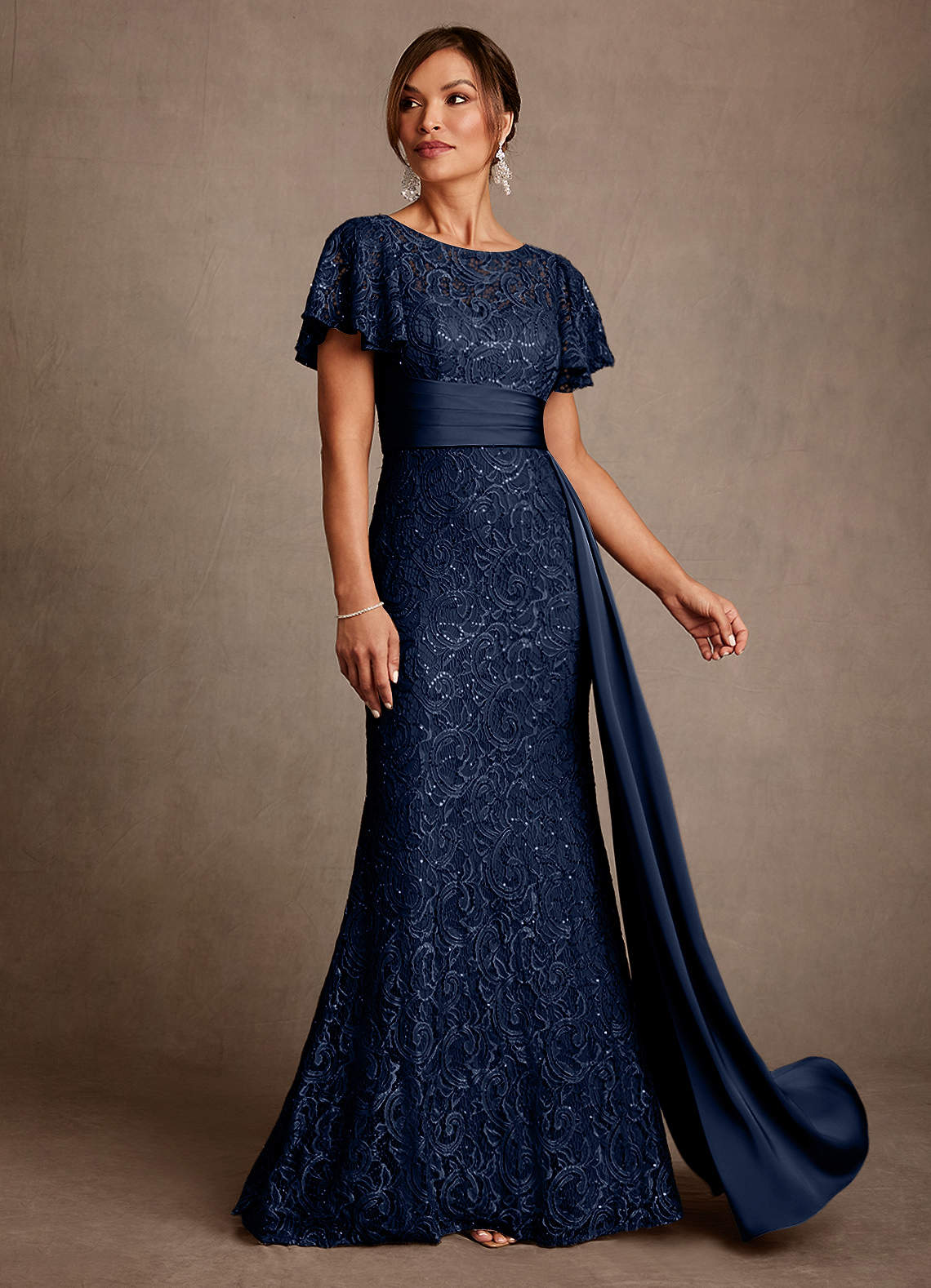 Harrison Mermaid Scoop-Neck Stretch Satin and Lace Mother of the Bride Dress in Dark Navy