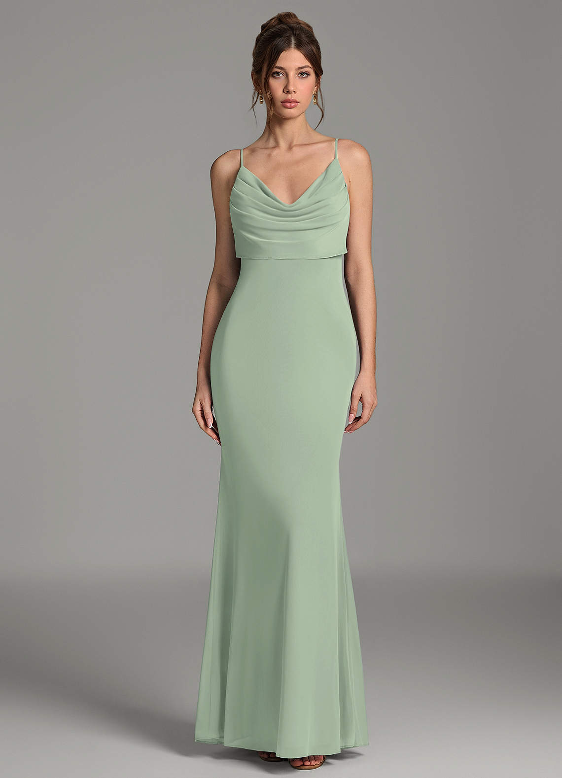 Zari Mermaid Cowl-Neck Mesh Bridesmaid Dress in Dusty Sage