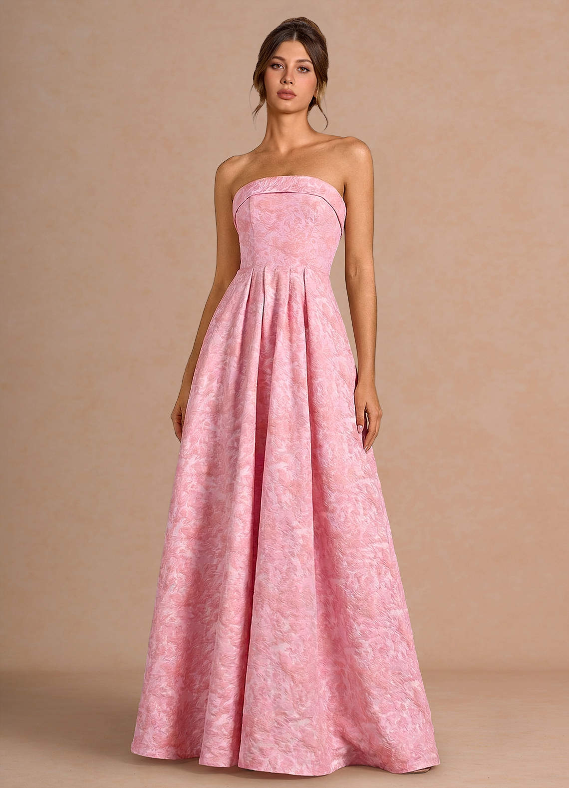 Emberlyn A-Line Strapless Jacquard Evening Dress in Pink Multi