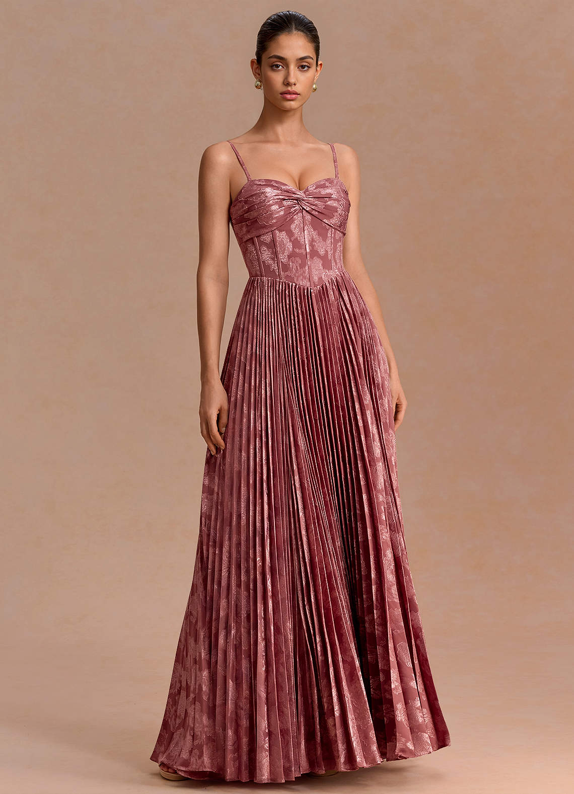 Delfina A-Line Twisted-Bust Fil Coupé Evening Dress in Vintage Rose