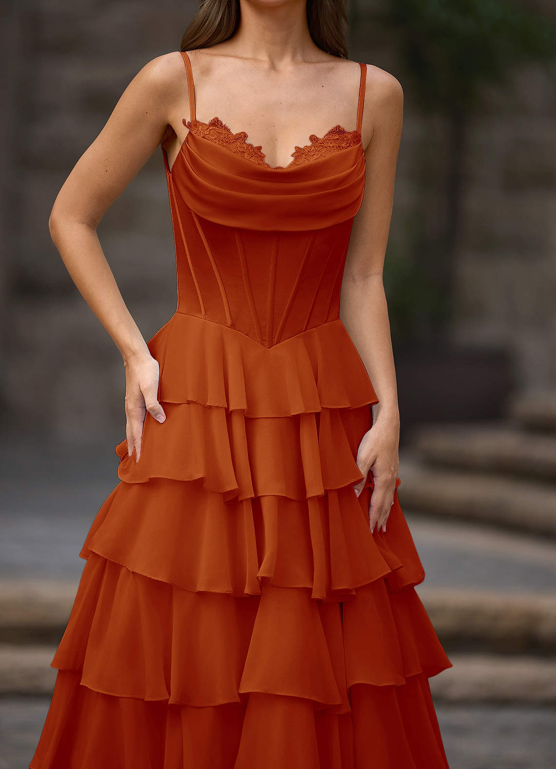 Floralace A-Line Ruffle Chiffon Evening Dress in Paprika