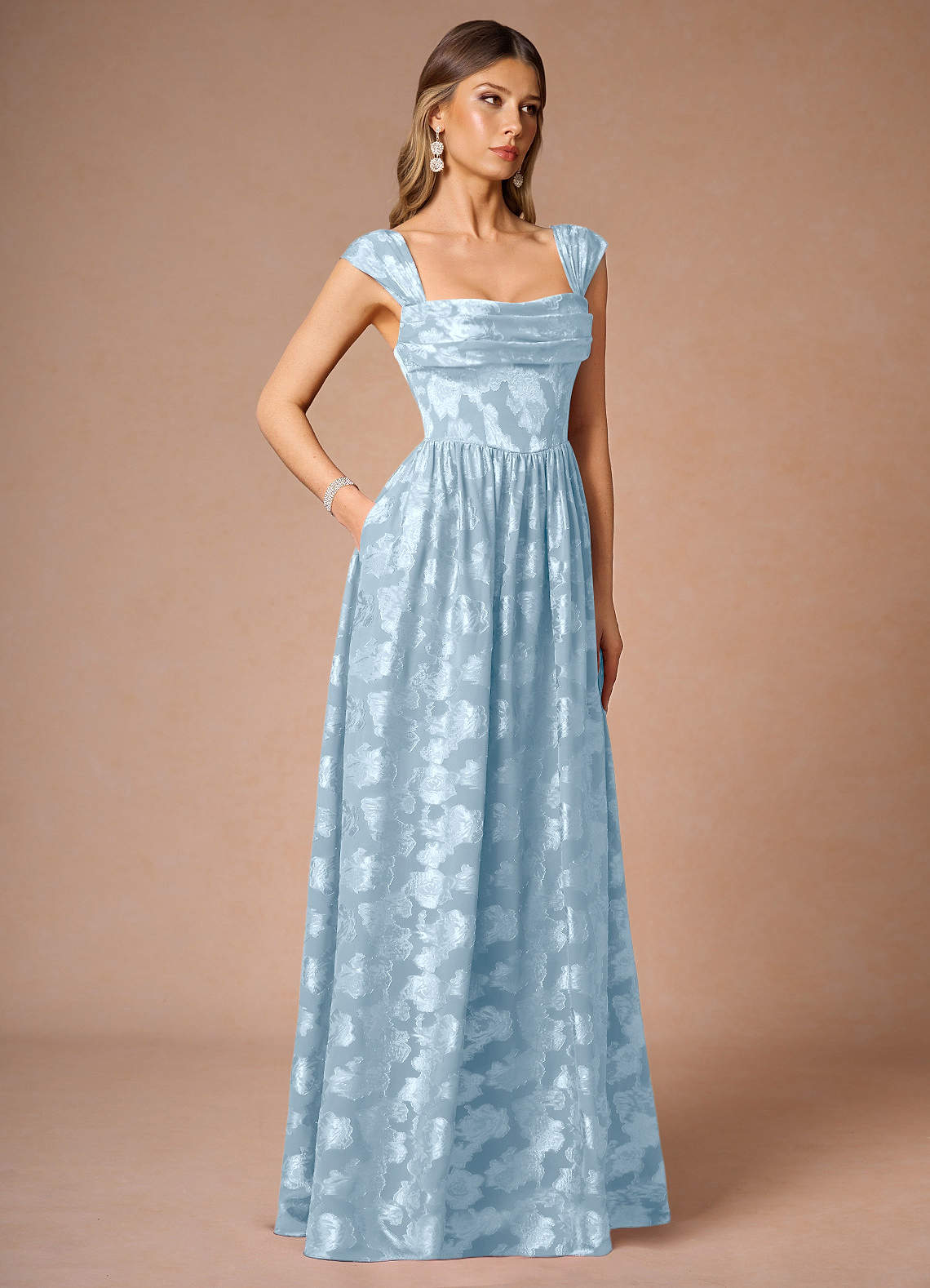 Hazel A-Line Cowl-Neck Fil Coupé Wedding Guest Dress in Powder Blue