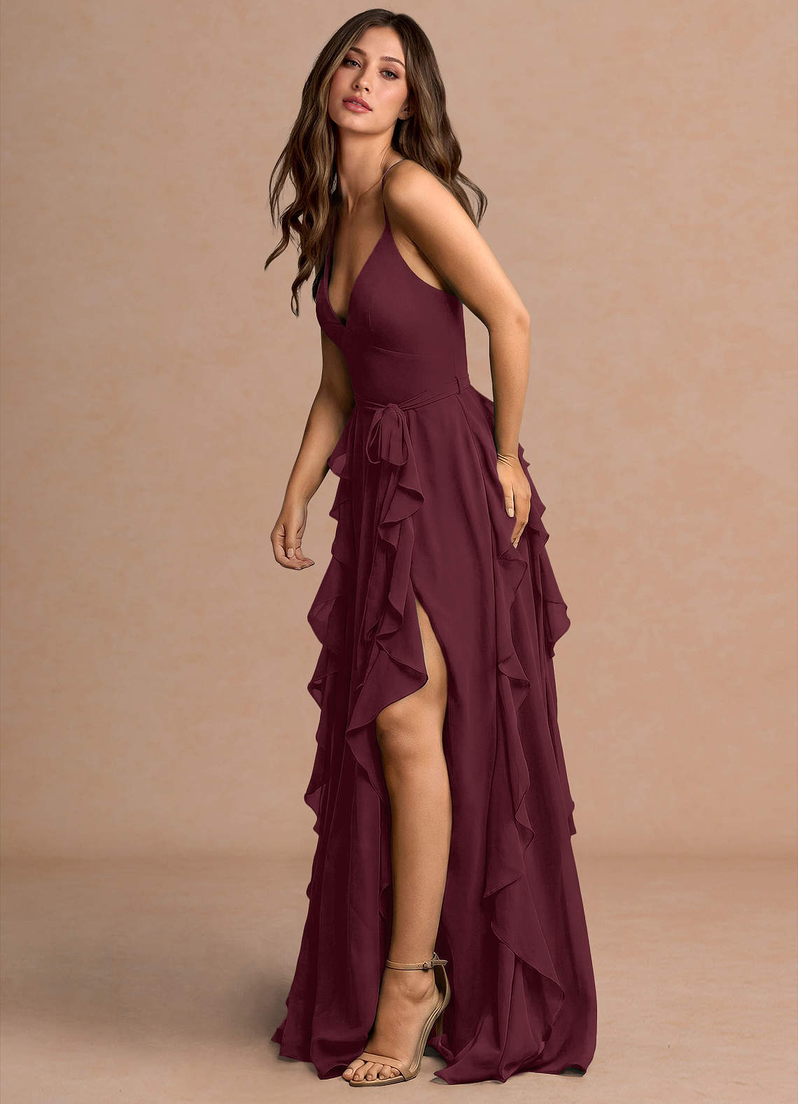Alouette A-Line V-Neck Chiffon Evening Dress in Wine