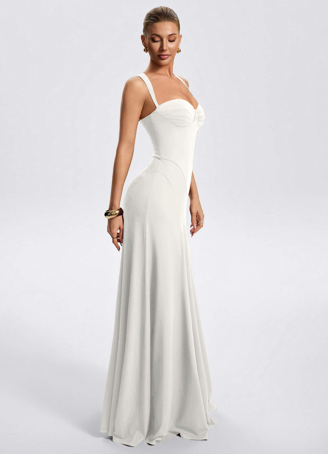 Zephira Fitted Sweetheart Godet Stretch Jersey Wedding Guest Dress in white