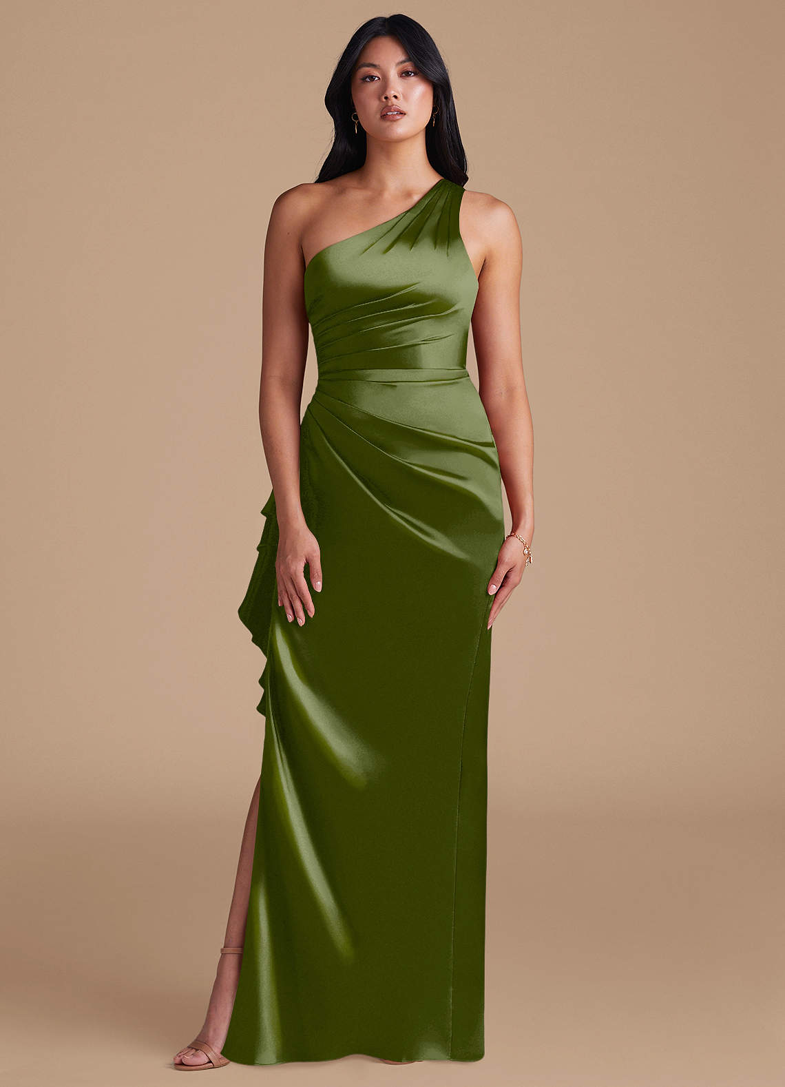 Latrice Sheath One-Shoulder Metallic Satin Bridesmaid Dress in Olive