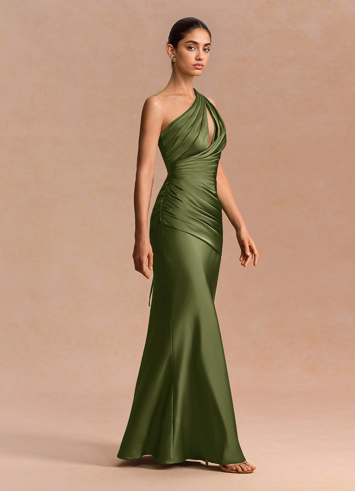 Guinevere One-Shoulder Cutout Stretch Satin Evening Dress in Olive