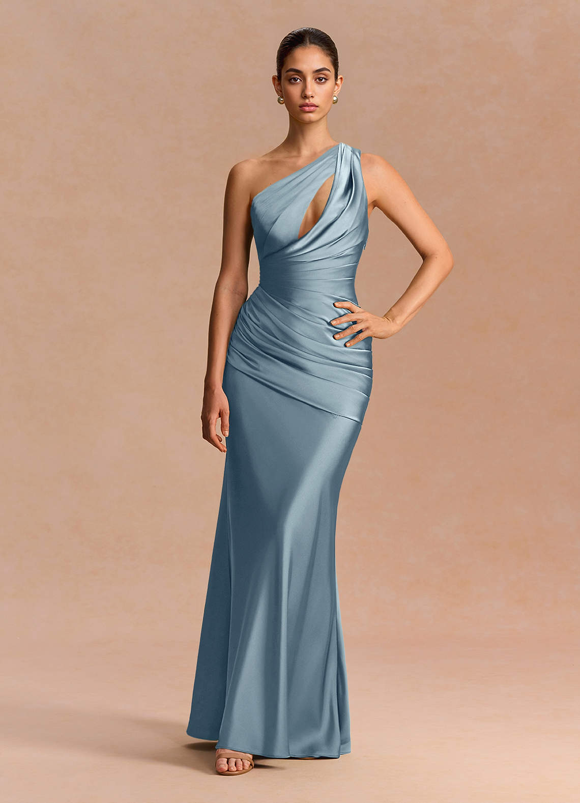 Guinevere One-Shoulder Cutout Stretch Satin Evening Dress in Dusty Blue
