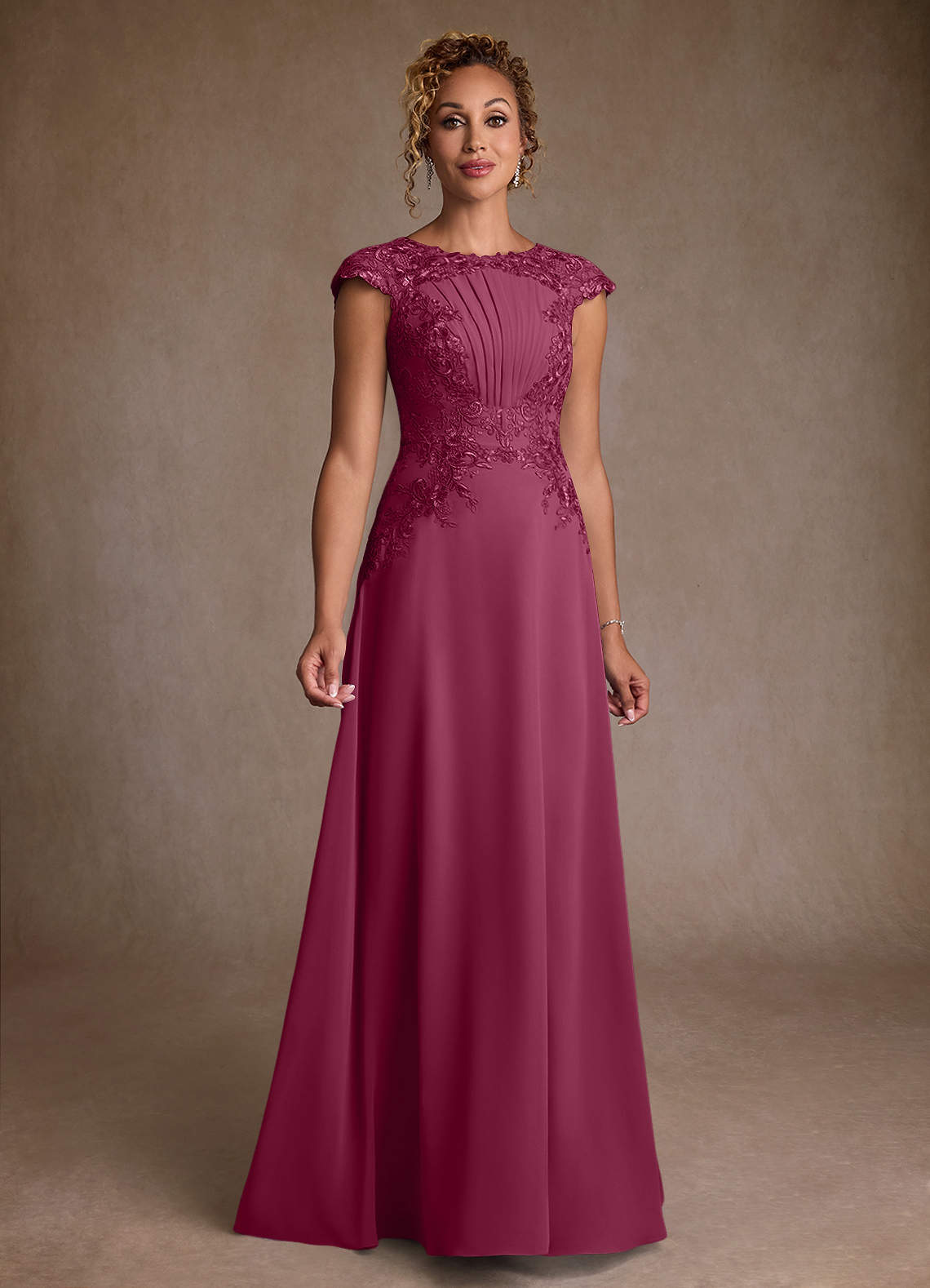 Christi A-Line Scoop-Neck Chiffon and Lace Mother of the Bride Dress in Mulberry